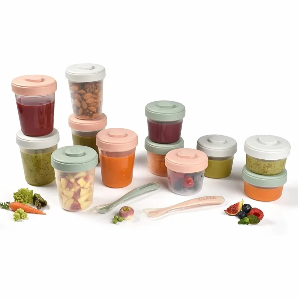 BÉABA Lot de 12 Portions Conservation et 2 Cuillères Silicone, Pots empilables hermétiques 2x90 ml 4x150 ml 6x250ml