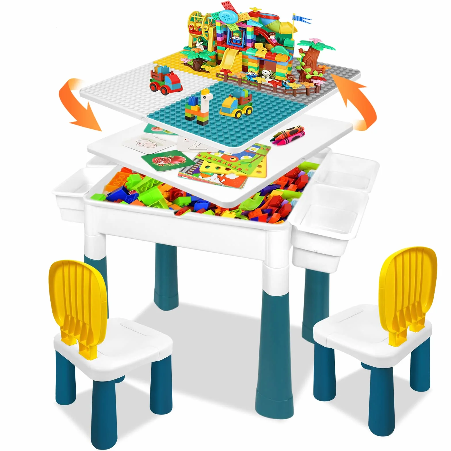 Table 6 en 1 pour enfant avec 2 chaises et 163 blocs de construction - Table d'activité multifonction plateau double face