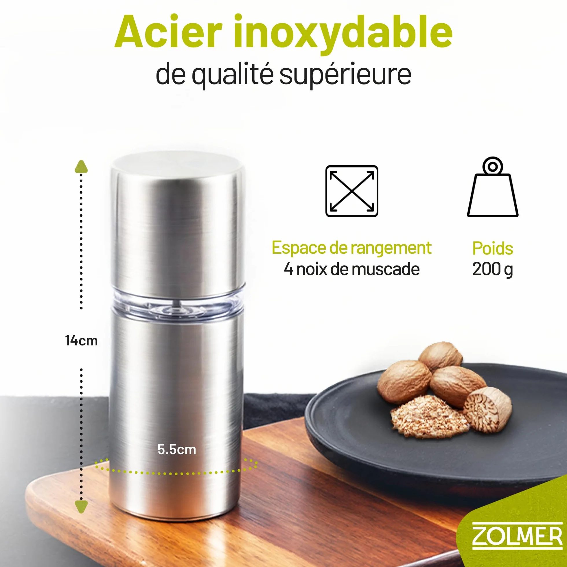Râpe à Noix de Muscade en Acier Inoxydable avec Récipient de Conservation Broyeur pour Poudre Fine