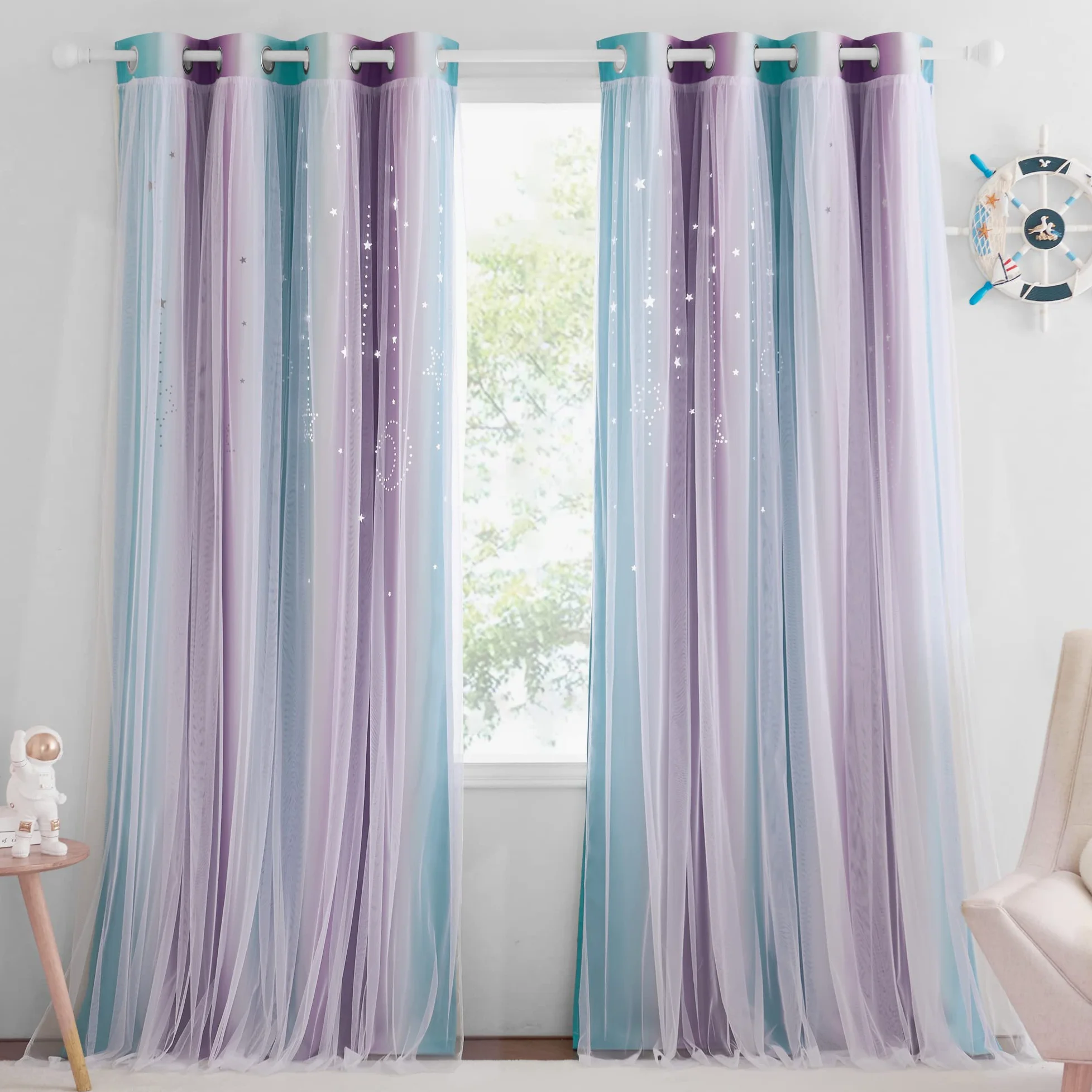 NICETOWN Rideaux occultants à œillets avec voilages pour Chambre d'enfant, Chambre de Fille, Motif Lune et étoiles, Arc-en-Ciel, 1 pièce, 132,1 x 213,4 cm (l x L), Bleu Sarcelle et Violet