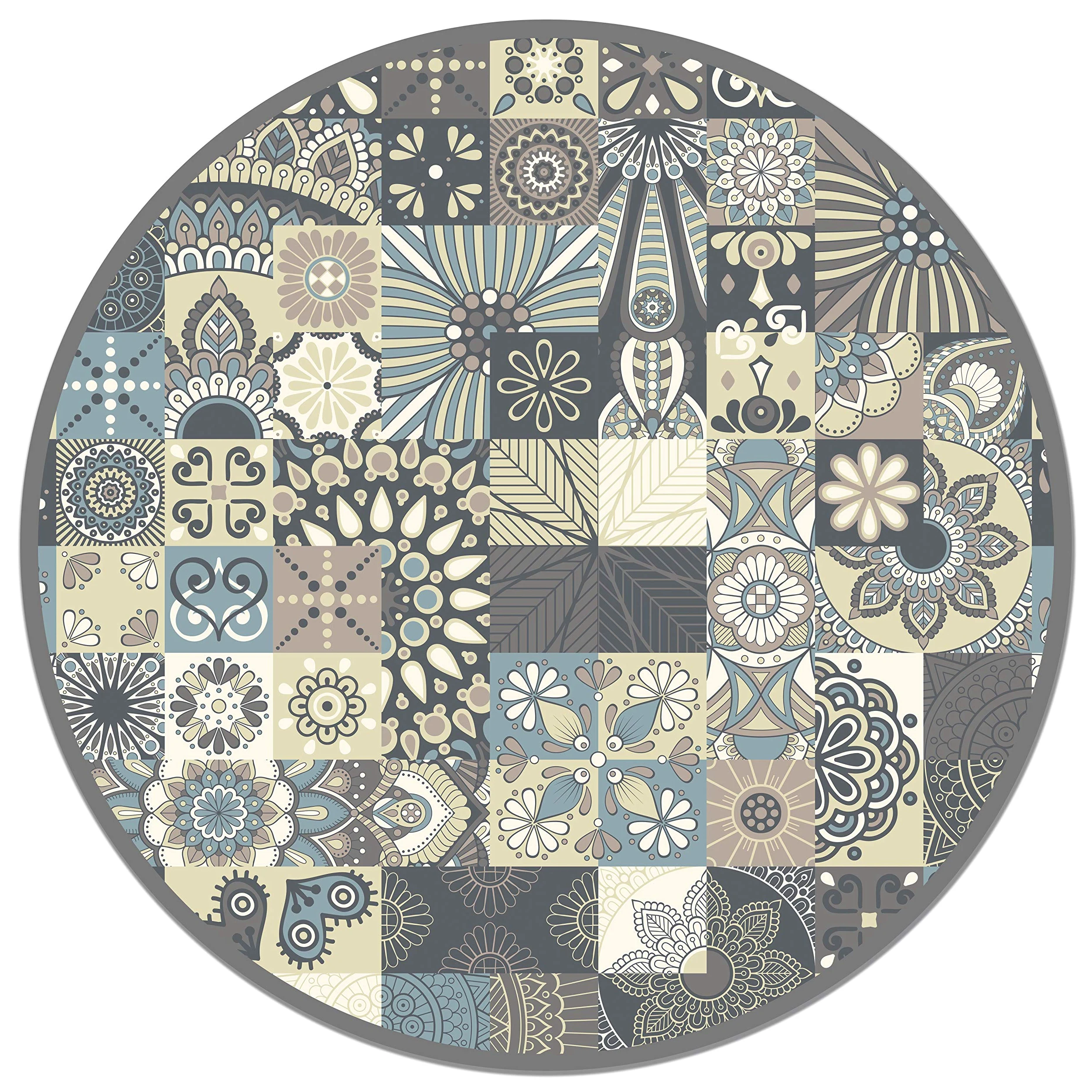 Panorama Tapis Vinyle - Modèle Carreaux Ciments Bleu Rond 100x100 cm - Différentes Tailles - Deco Maison, Cuisine, Chambre et Exterieur