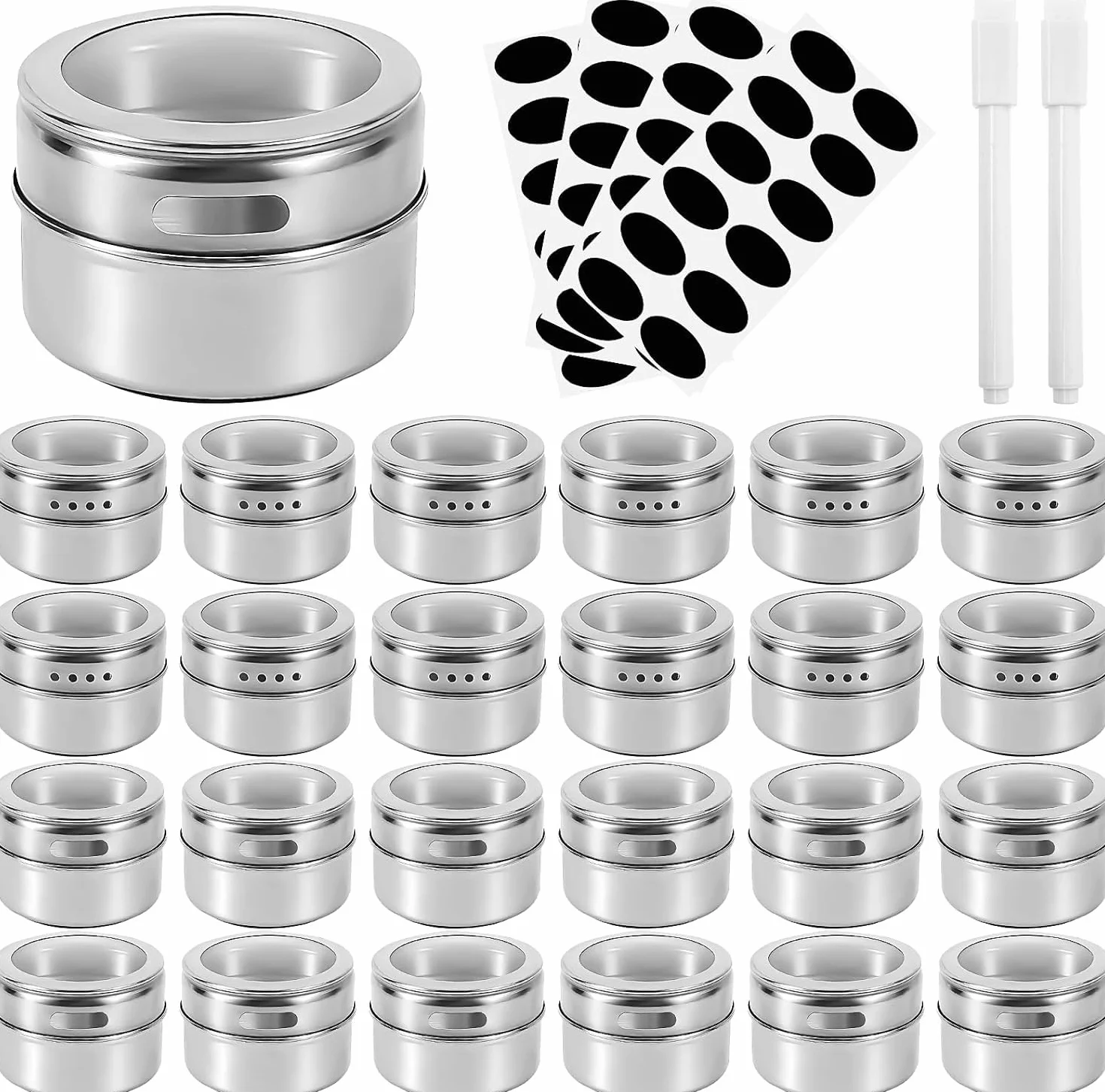 Pots à Épices Magnétiques Acier Inoxydable Lot 24 avec Couvercles 48 Étiquettes 2 Marqueurs