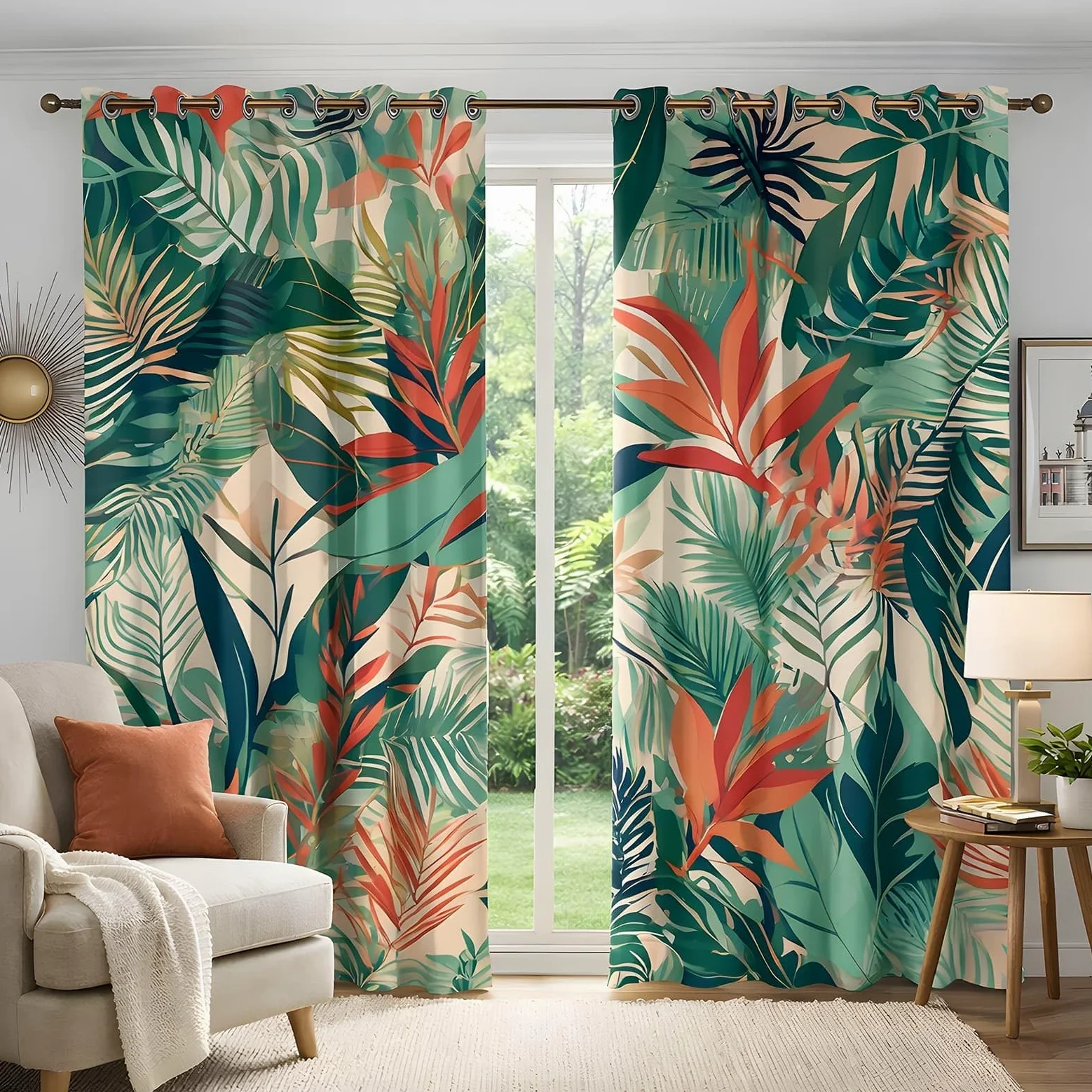 beige Rideau Occultant feuilles vertes tropicales Rideau Thermique Isolant Lot de 2 Pièces (2x140x225cm), 3D Rideau Fenetre pour Chambre Fille Enfant Garcon Rideau Separation de Piece con Oeillets,