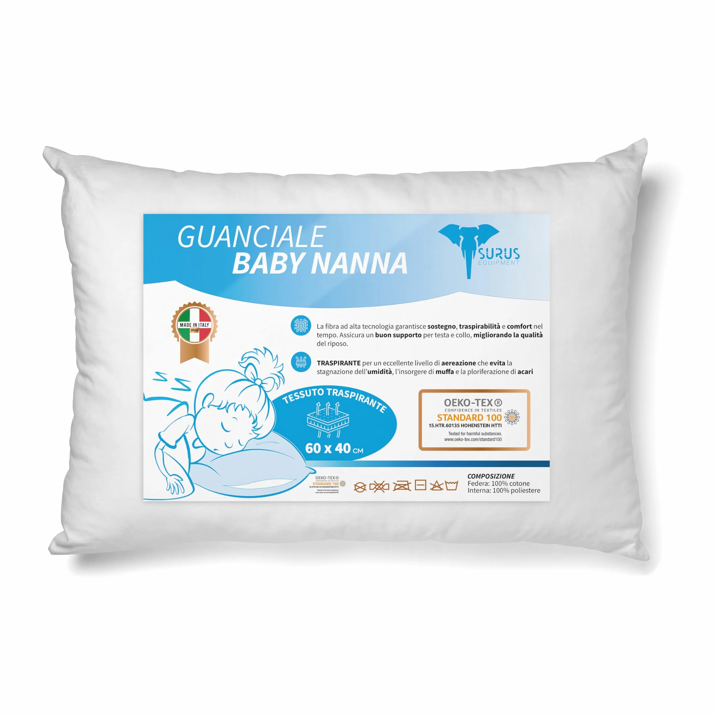Coussin lit bébé 40 x 60 cm OEKO-TEX® 100% coton hypoallergénique anti-acariens lavable