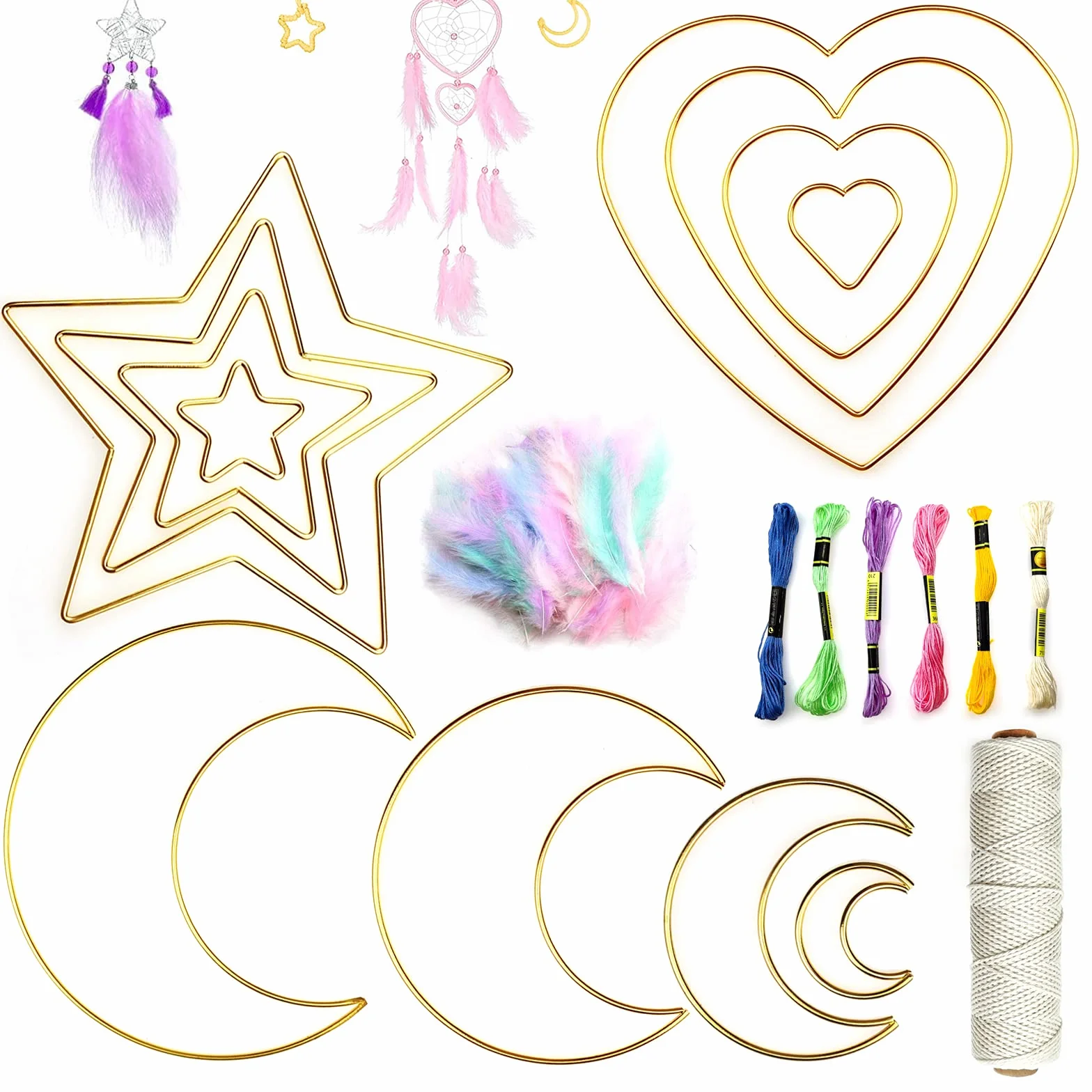 Attrape Rêve Bricolage Kit avec Cercle Métal, Corde Macramé, Fil Tressé et Plumes pour DIY Artisanat