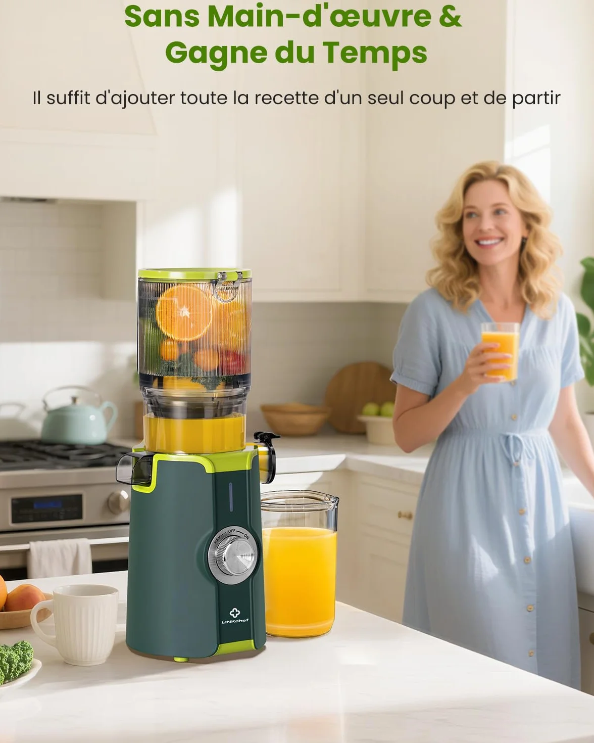 LINKChef Extracteur de Jus Vertical Slow Juicer 200W Goulot Large 115 mm Fruits Légumes Entiers Sans BPA Vert