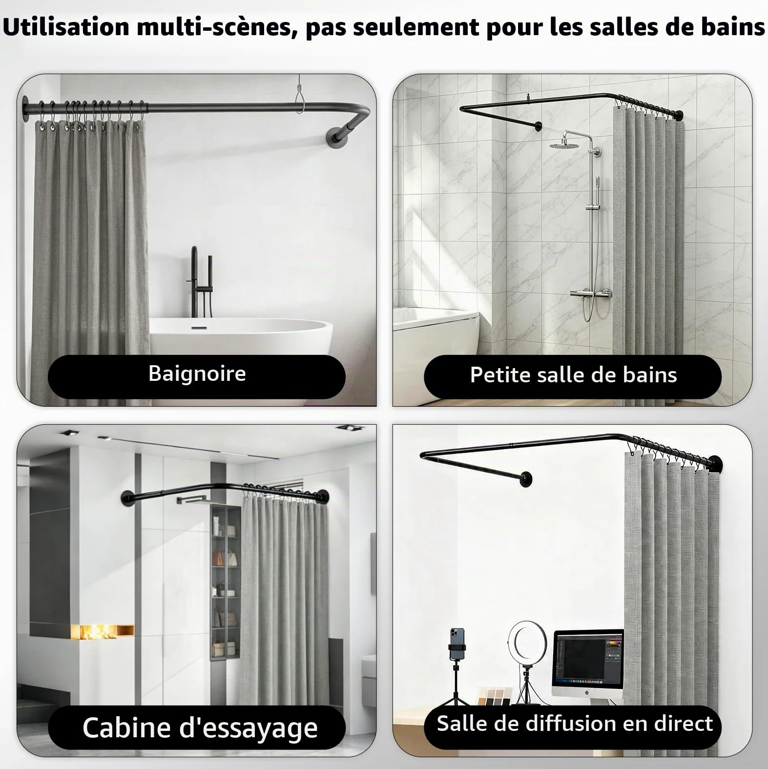 Tringle Douche en U Sans Perçage, Barre Extensible avec Kit Rideau Douche | Kit Complet avec Rideau Douche Imperméable, Anneaux et Colle Sans Clou pour Douche d'angle, Petites Salles de Bain, Vestiaire