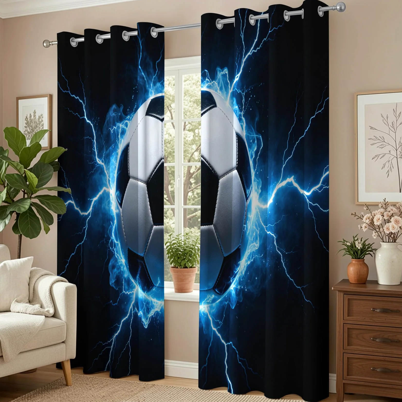 Lot de 2 Rideaux Occultants à Oeillets Football 100x200 cm, 3D Imprimé Rideau Occultant Thermique Isolant Opaque, Rideau Modèle de Football pour Salon Chambre Décoration Fenêtre C/1687