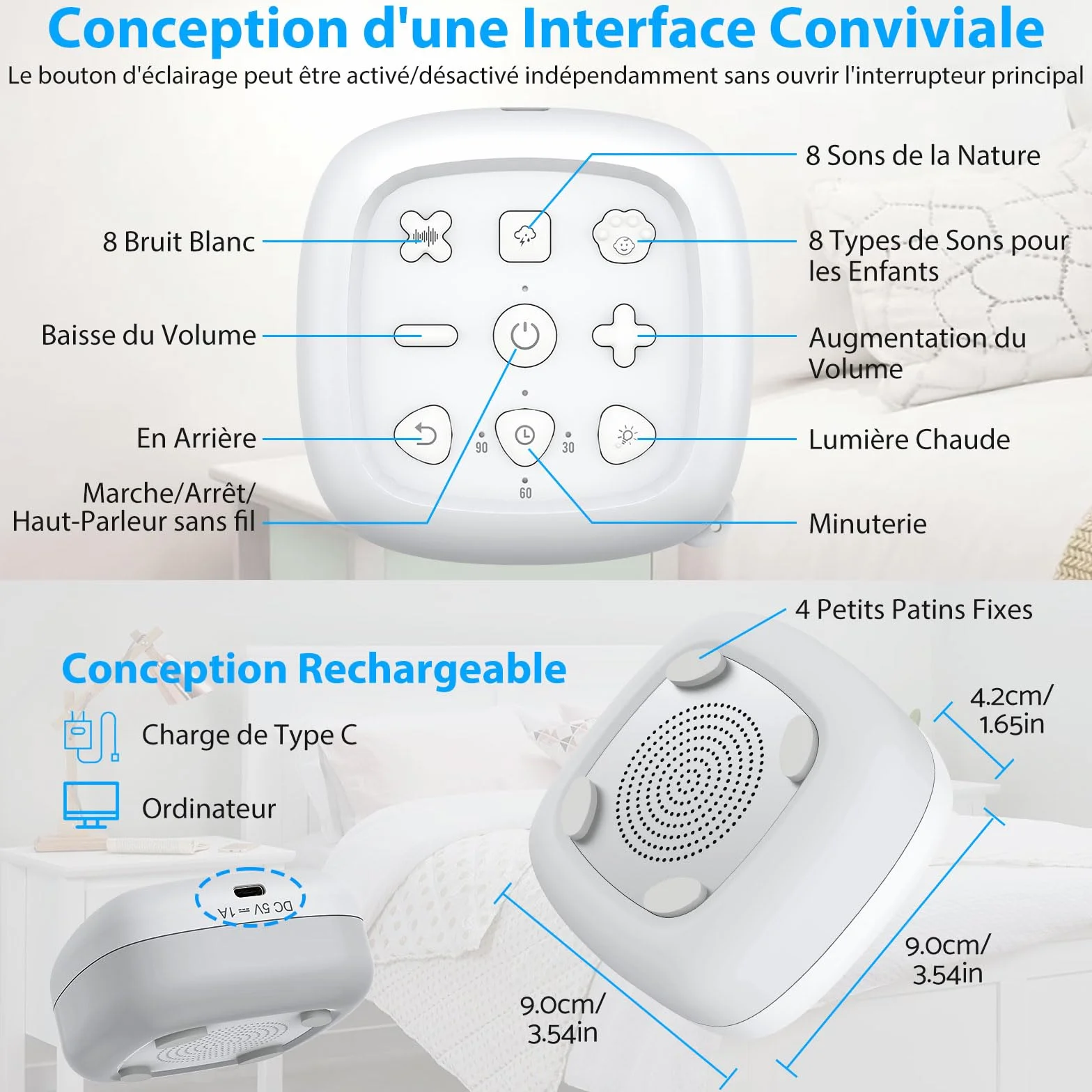 eSynic Mini Veilleuse Bruit Blanc Machine à Sommeil Portable pour Bébé, 30 Sons et 7 Couleurs