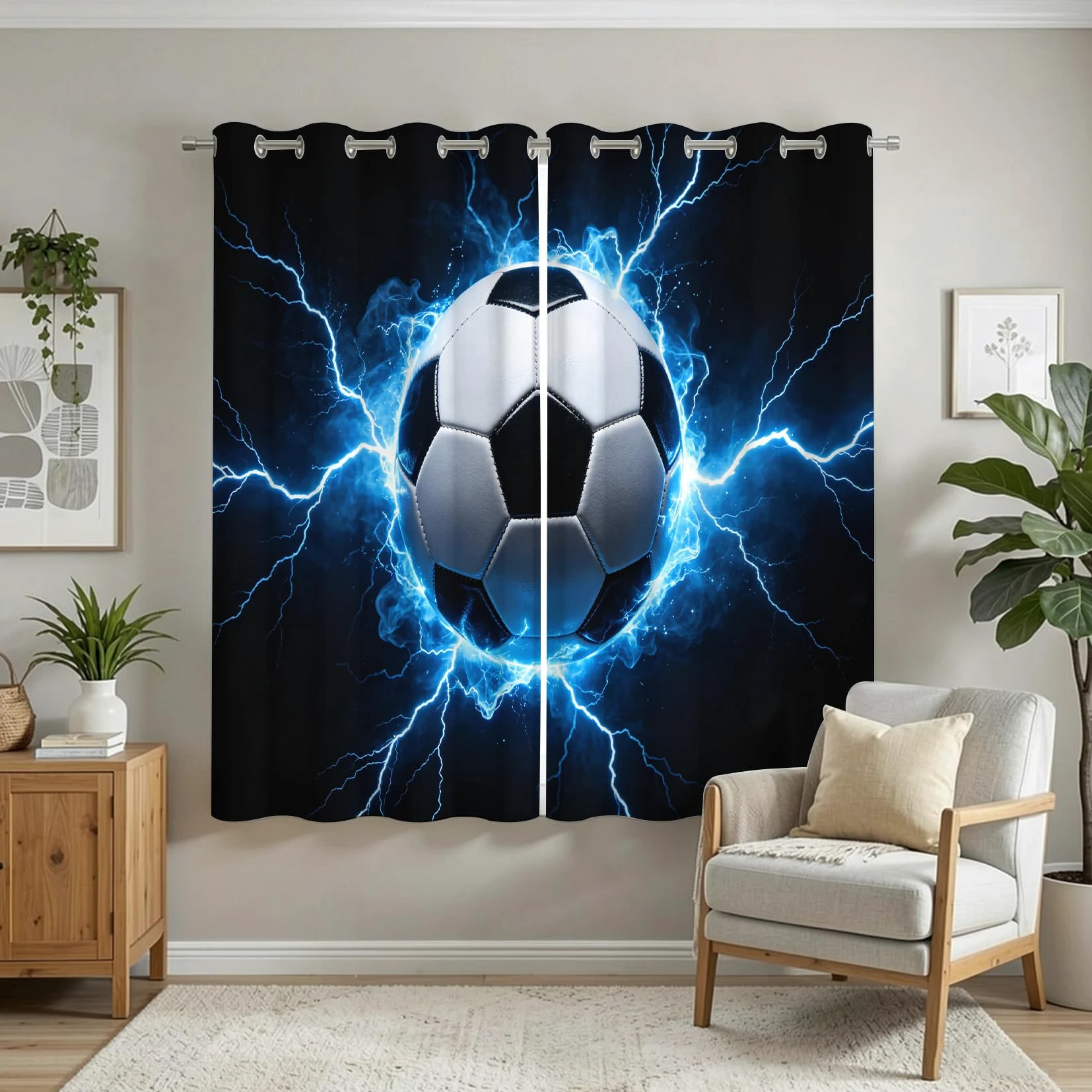 Lot de 2 Rideaux Occultants à Oeillets Football 100x200 cm, 3D Imprimé Rideau Occultant Thermique Isolant Opaque, Rideau Modèle de Football pour Salon Chambre Décoration Fenêtre C/1687