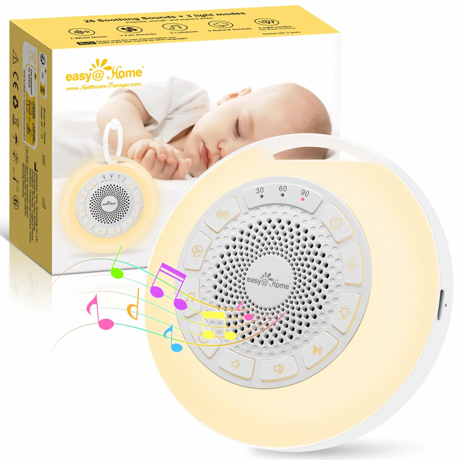 Easy@Home Machine à Bruit Blanc Portable pour Bébé 26 Sons Apaisants avec Veilleuse 3 Modes 7 Couleurs Minuterie USB