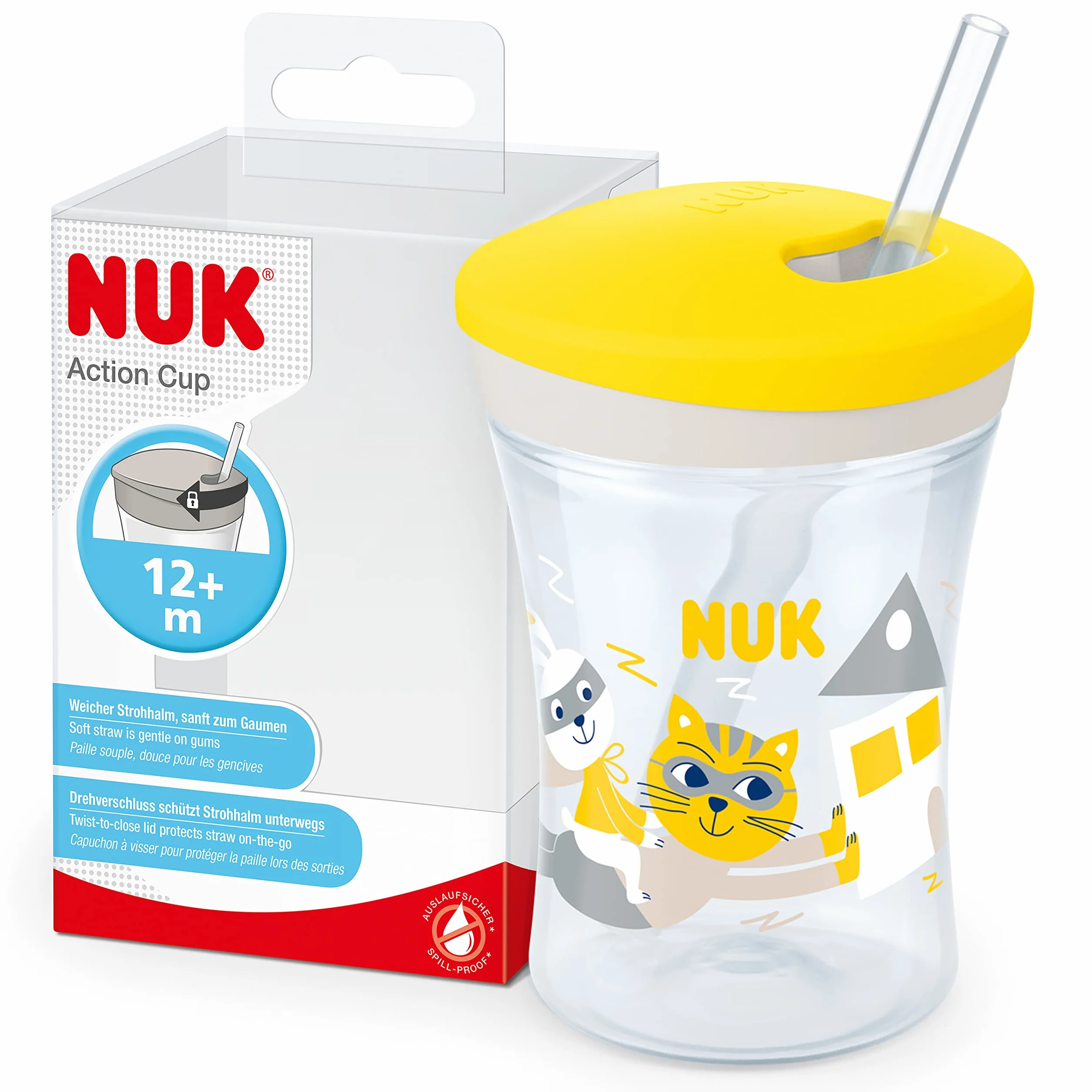 NUK Action Cup Tasse Enfant 230 ml Paille Souple Antifuites 12+ Mois Chat Jaune