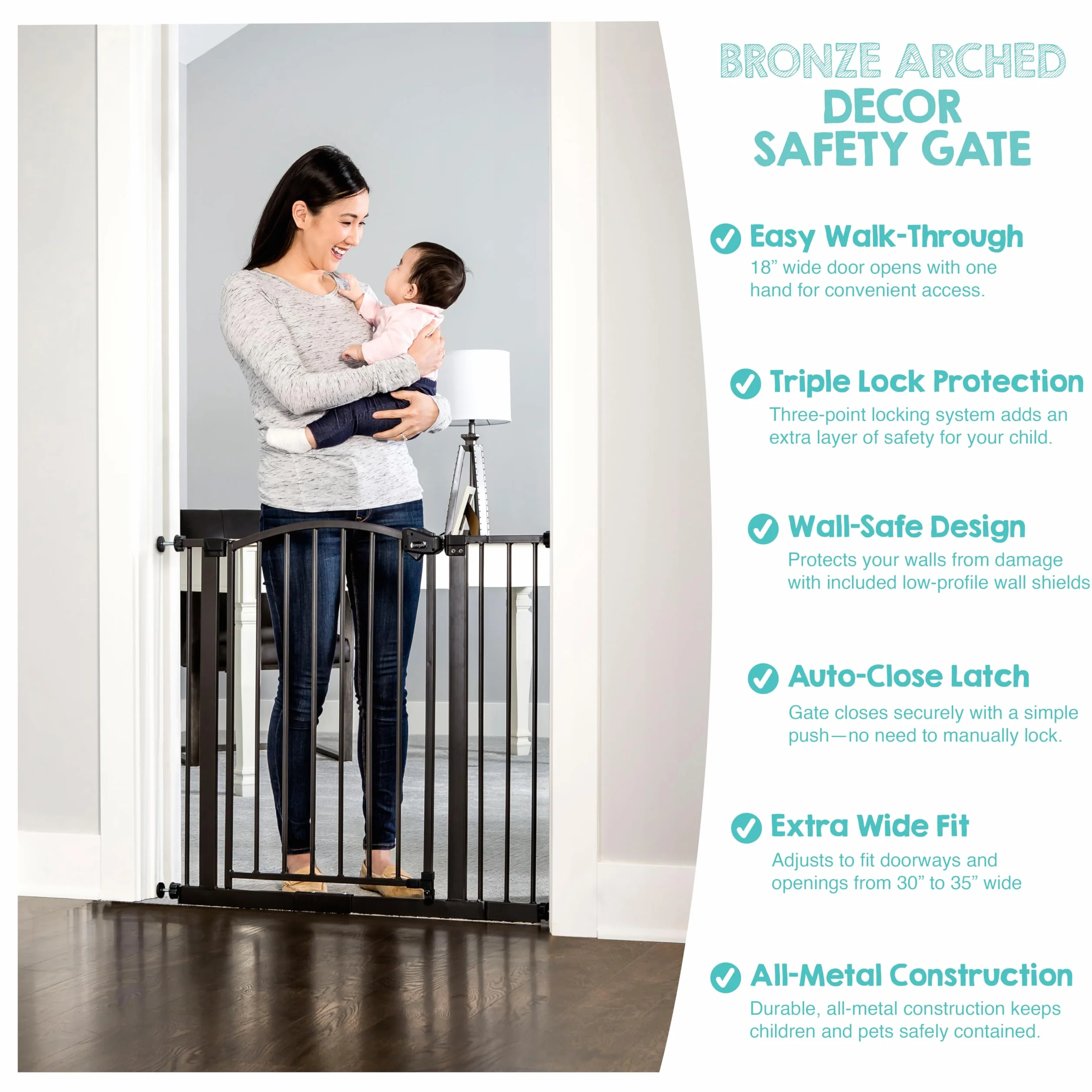 Regalo Safety Arched Baby Gate for Doorways & Stairs, 75-87cm, Pressure Mounted, Bronze