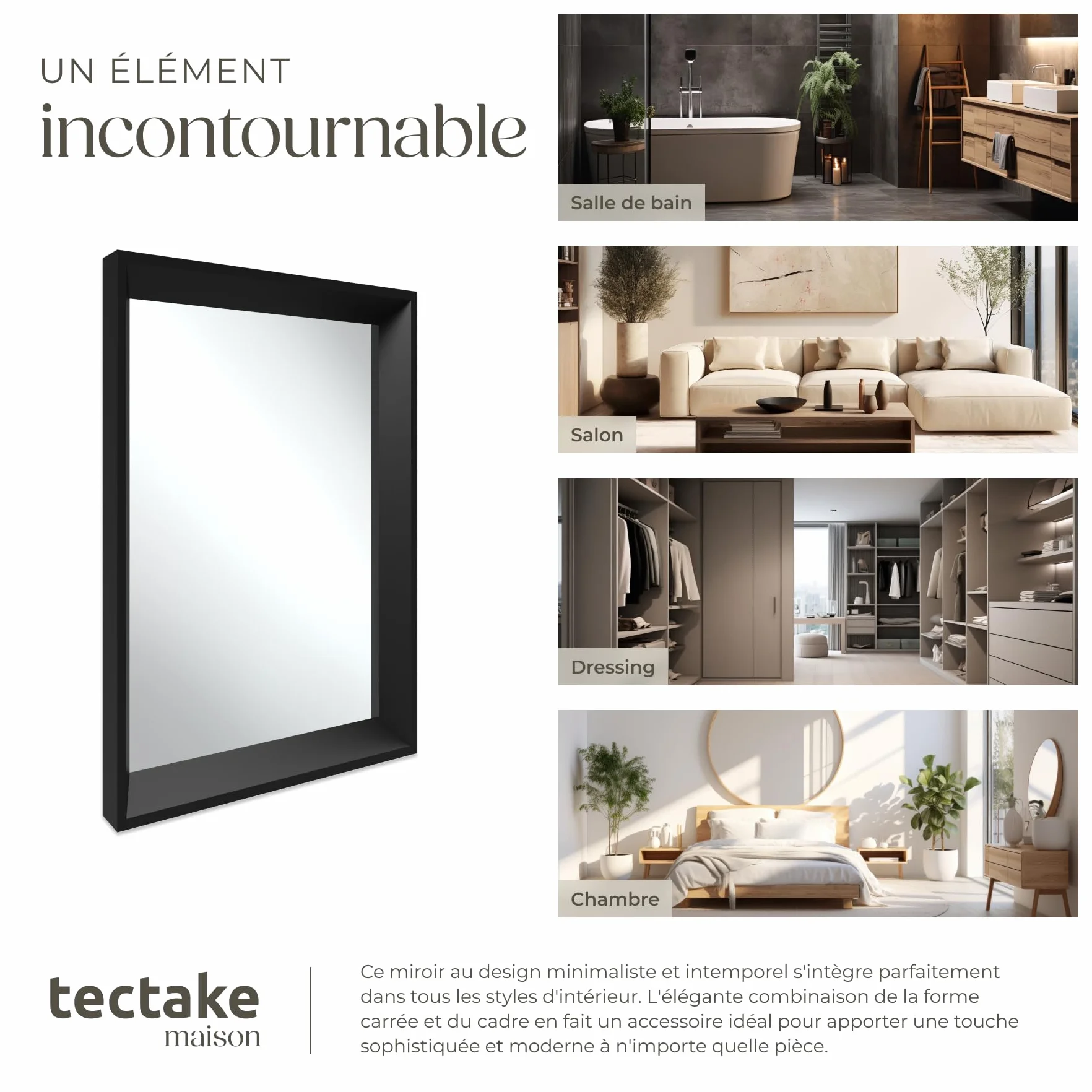 Tectake Miroir Mural Cadre Noir Plastique 40x60cm Design Industriel Décoration Chambre Salon