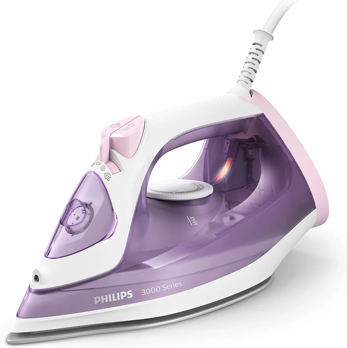 Philips Fer à Repasser Série 3000 2000W 140g 30g/min Semelle Céramique 300ml Mauve Blanc