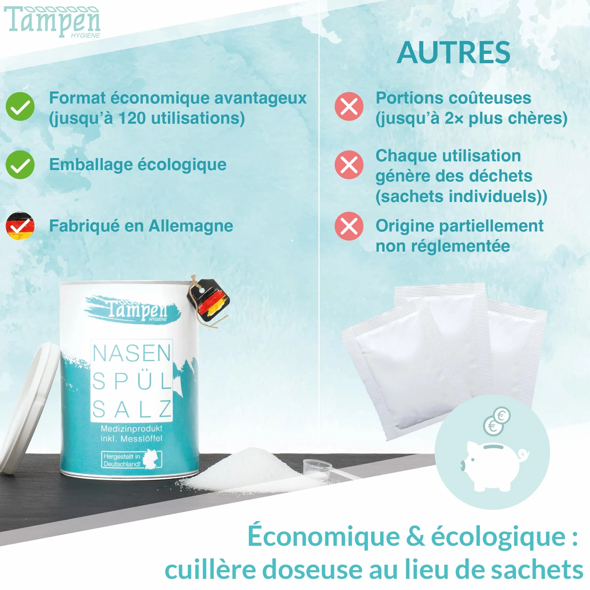 Tampen Douche nasale avec Sel de rinçage nasal 300g et cuillère à mesurer