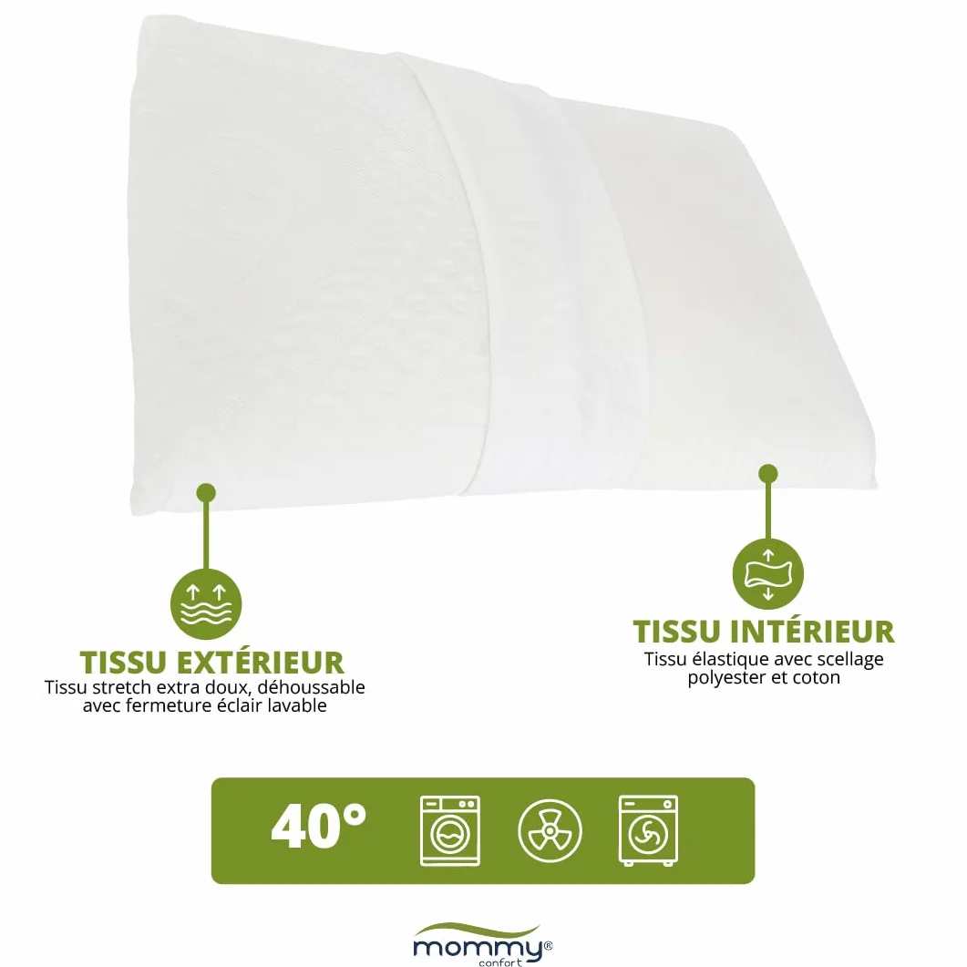Oreiller Enfant Viscoélastique 40x60x6 Ergonomique Hypoallergénique Soutien Cervical Housse Lavable