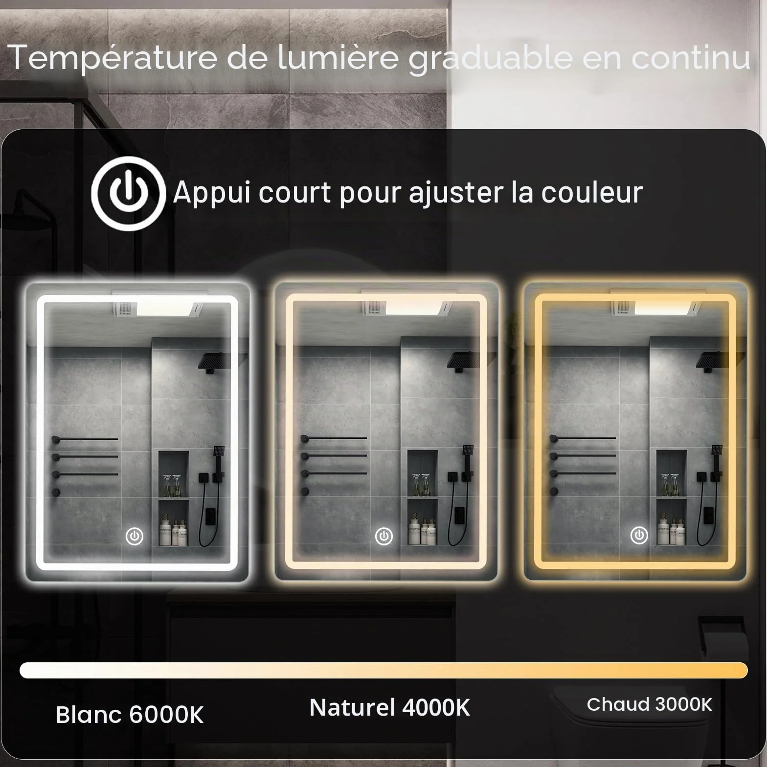 Miroir Mural Salle de Bain LED 60x45 cm 3 Couleurs Intensité Variable Interrupteur Tactile