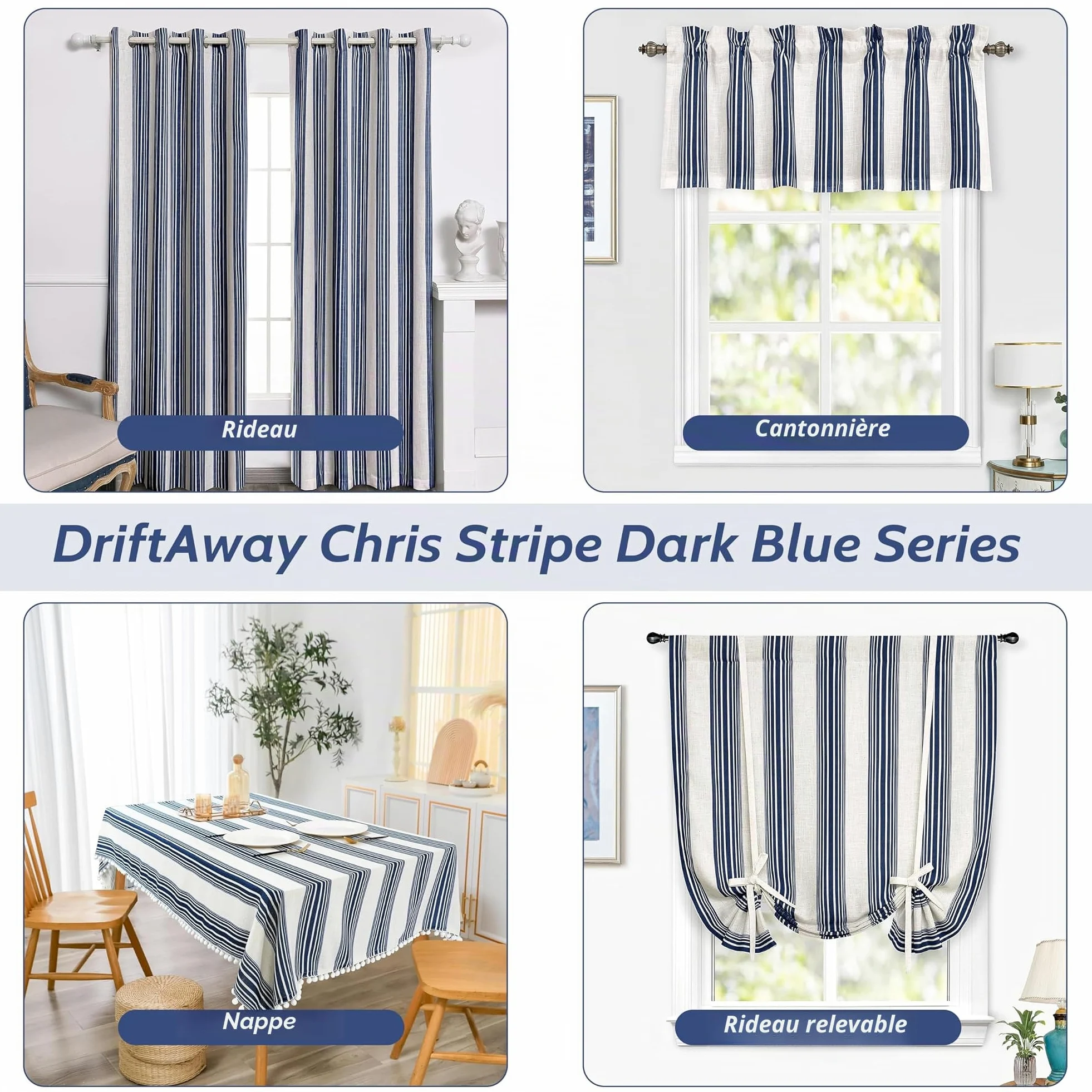DriftAway Chris Lot de 2 Rideaux occultants en Lin mélangé à Motif à Rayures Verticales et à œillets pour Chambre de Ferme imprimé – 132,1 x 213,4 cm – Ivoire Bleu foncé