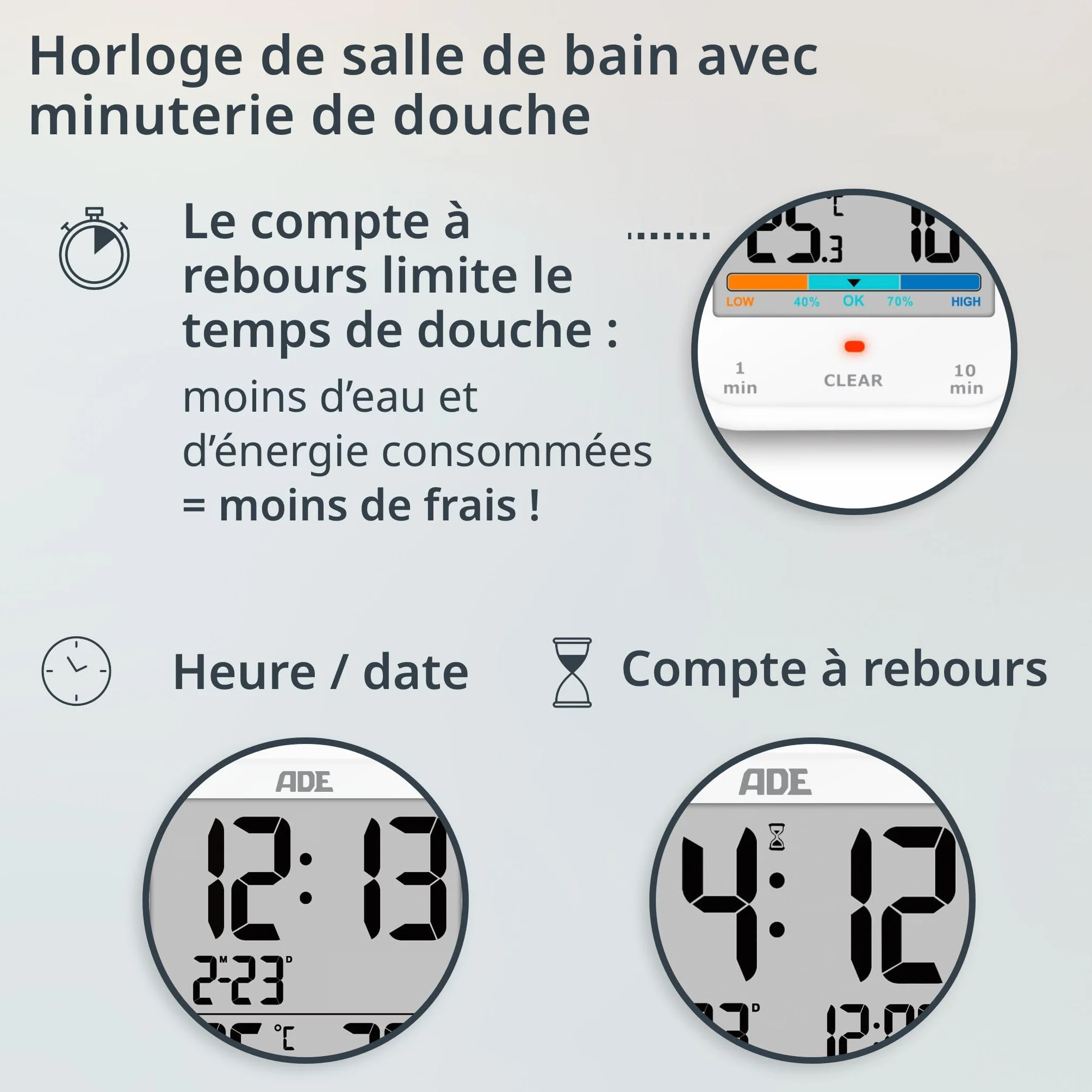 ADE Horloge de Salle de Bain Numérique avec Hygromètre et Thermomètre Étanche Grand Écran LCD
