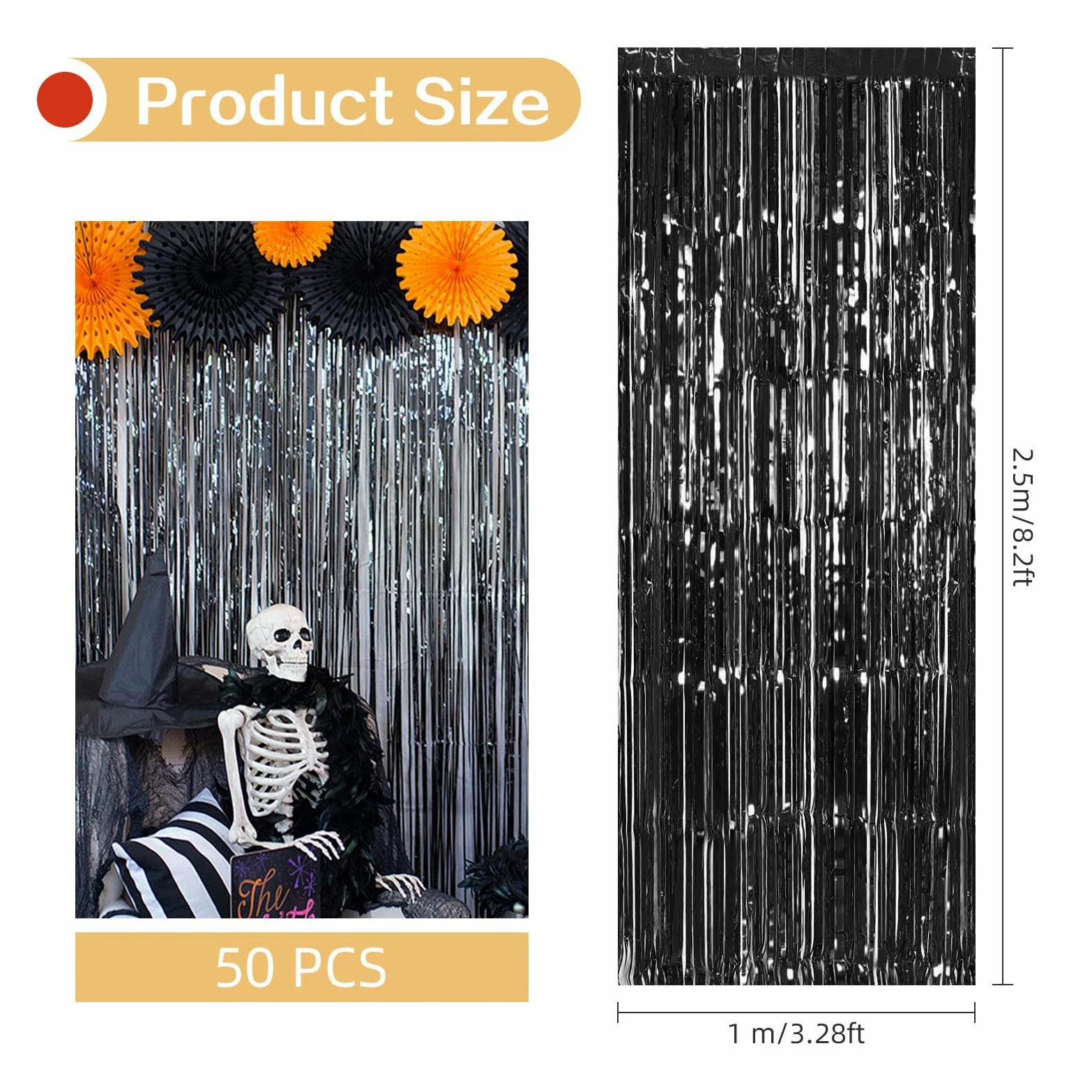 Lot de 50 rideaux à franges en feuille d'aluminium métallique pour décoration de fête d'anniversaire, cabine photo, 1 x 2,5 m, noir
