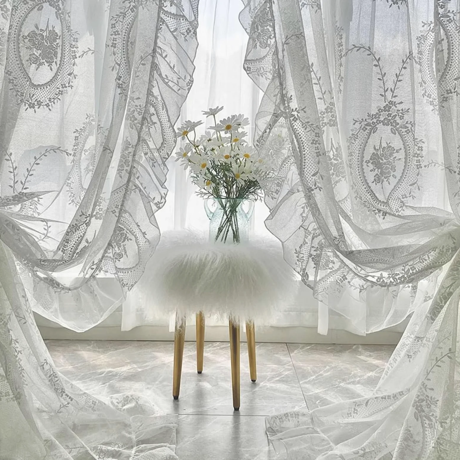 Rideaux en Dentelle Brodée de Fleurs de Style Romantique Français, Long Traitement de Fenêtre Vintage Shabby Chic avec Bord à Volants Festonnés, pour Balcon de Jardin, 1 Panneau
