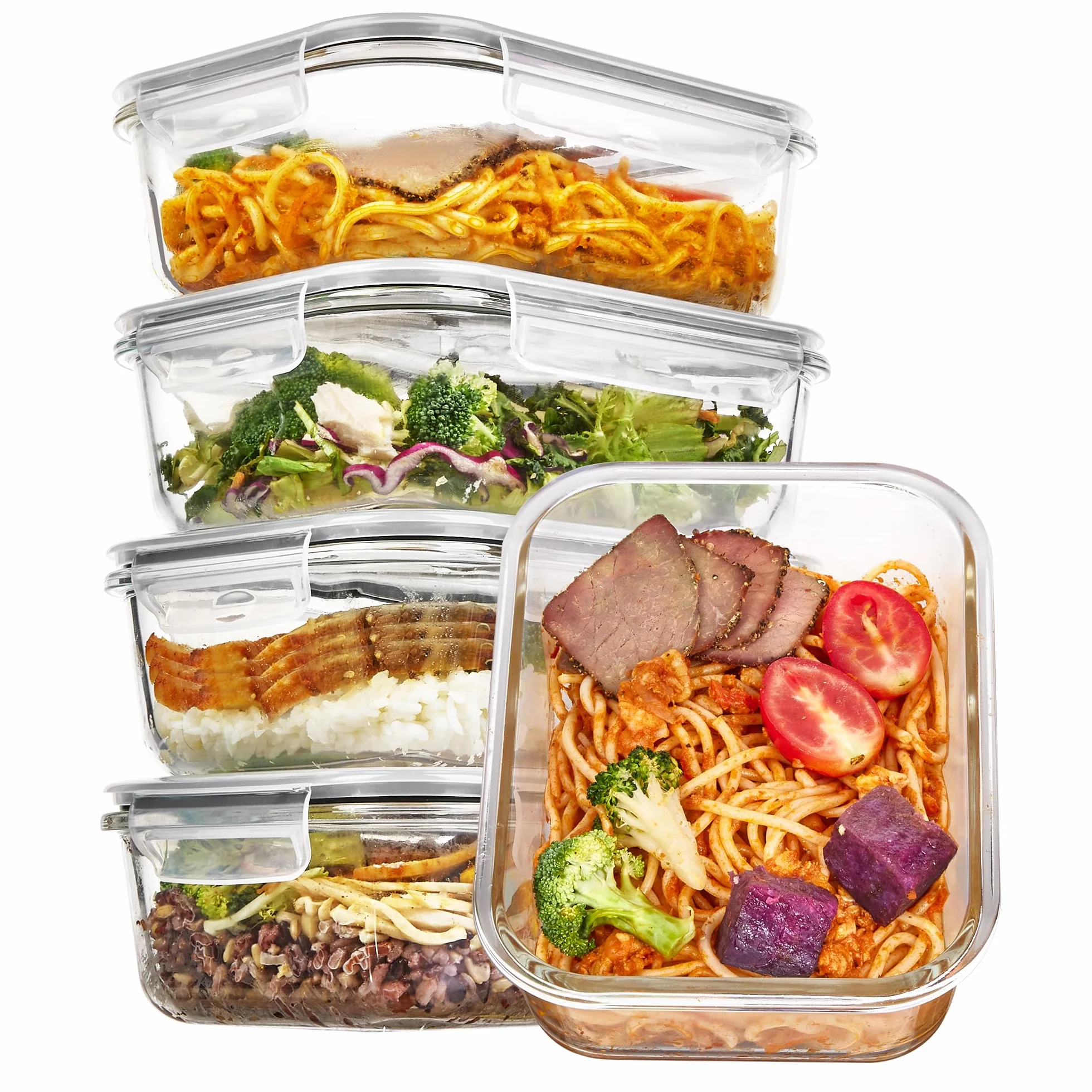 Vtopmart Lot de 5 Lunch Box Verre 1035ml Boite Alimentaire avec Couvercle Hermétique Réutilisable Four Micro-Ondes Congélateur Lave-Vaisselle