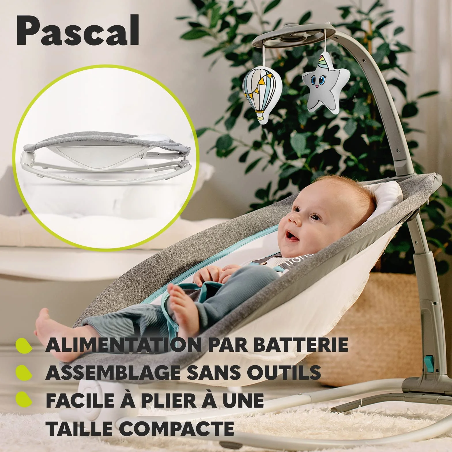 Lionelo Pascal transat bébé vibrations 12 mélodies dossier réglable barre jouets pliage compact