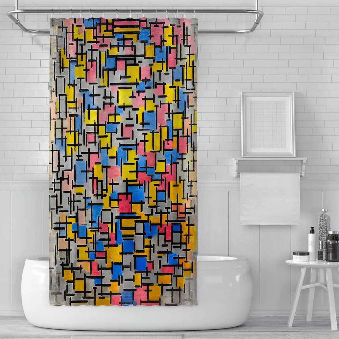 Rideaux de Douche en Grille géométrique en mosaïque Pop Art Abstrait Rideaux de Salle de Bain en Tissu imperméable en Tissu coloré Rose Bleu, Jaune et Crochets 200 x 220 cm