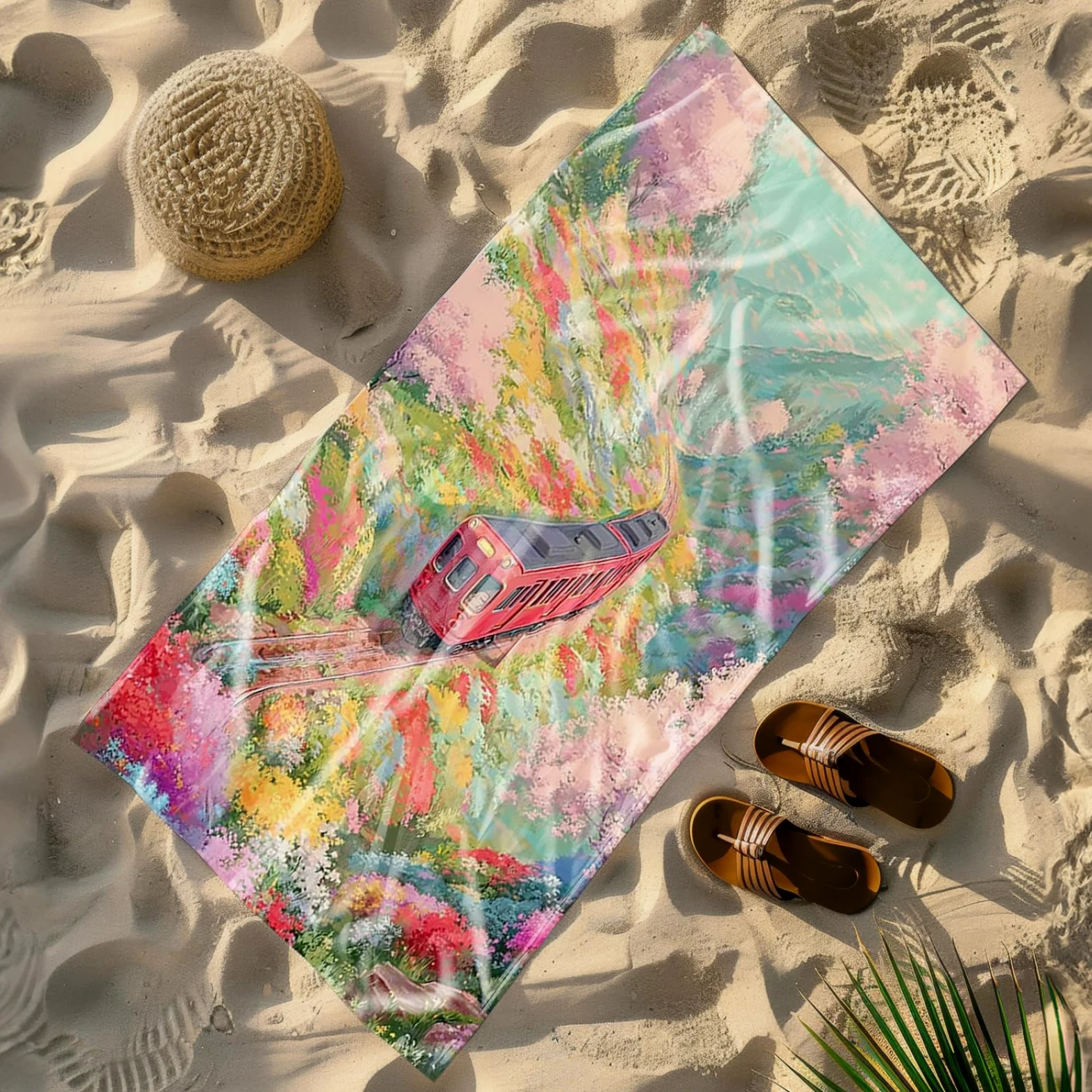 Tapis de Plage XXL Anti Sable Train, Fleurs Roses Serviette Piscine Adulte,Natte De Plage Pliable, Voyage Accessoires De Plage Camping,Serviette de Bain Personnalisée