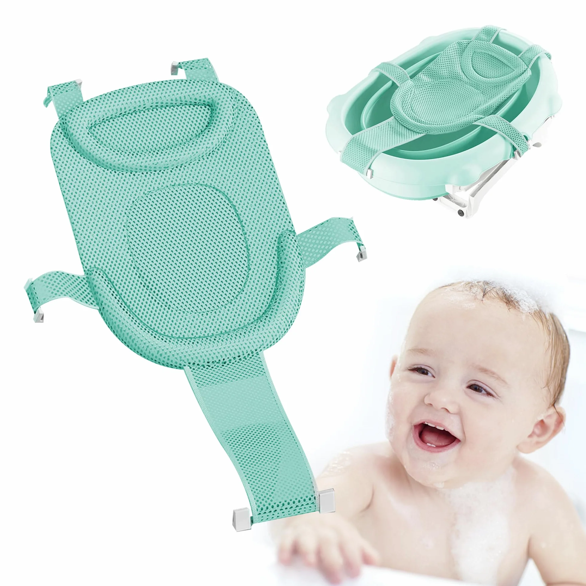 Siège Douche Nouveau-Né Maille Confortable Antidérapant Poche Plateau Vert Clair Tapis Bébé 1 Pièce