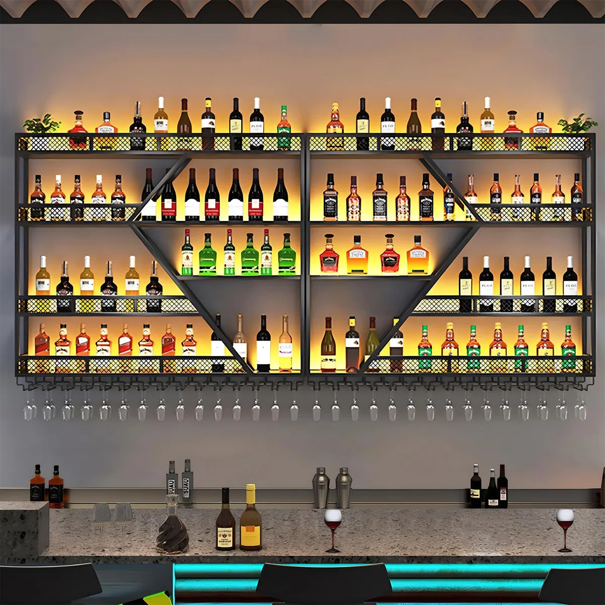Étagère à vin murale moderne à 4 niveaux - Noir - Étagère de rangement pour bouteilles de vin - Design élégant - Économie d'espace - 240 x 20 x 123 cm