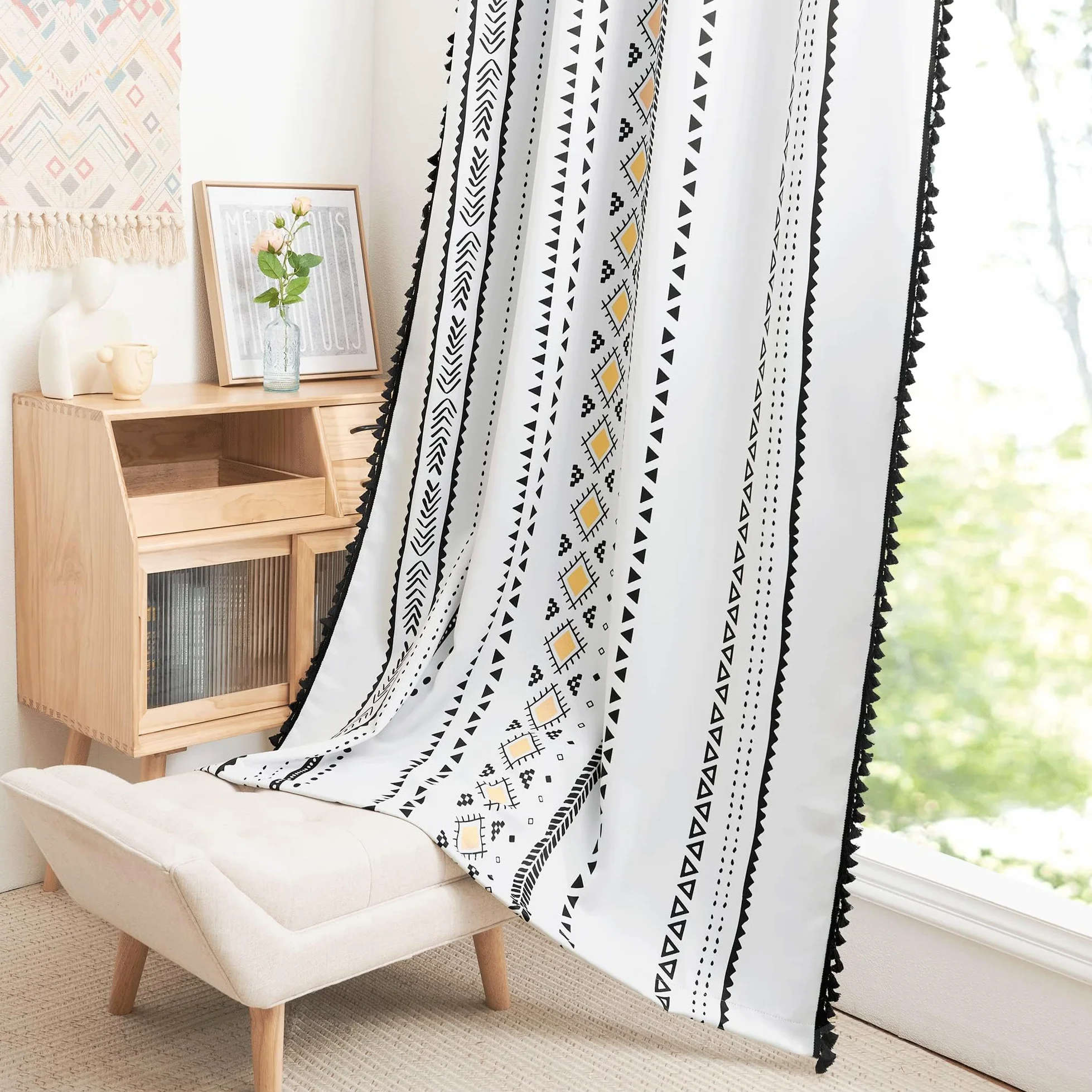 NICETOWN Rideaux occultants en macramé bohème blanc de 213,4 cm de long, 2 panneaux, rideaux à œillets décoratifs jaunes et noirs pour salon, chambre à coucher, 132,1 x 213,4 cm (l x L)