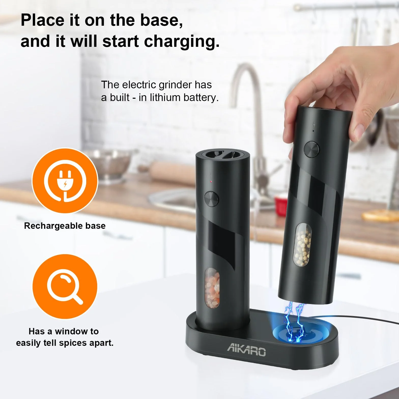 Moulin à sel et poivre électrique rechargeable AIKARO