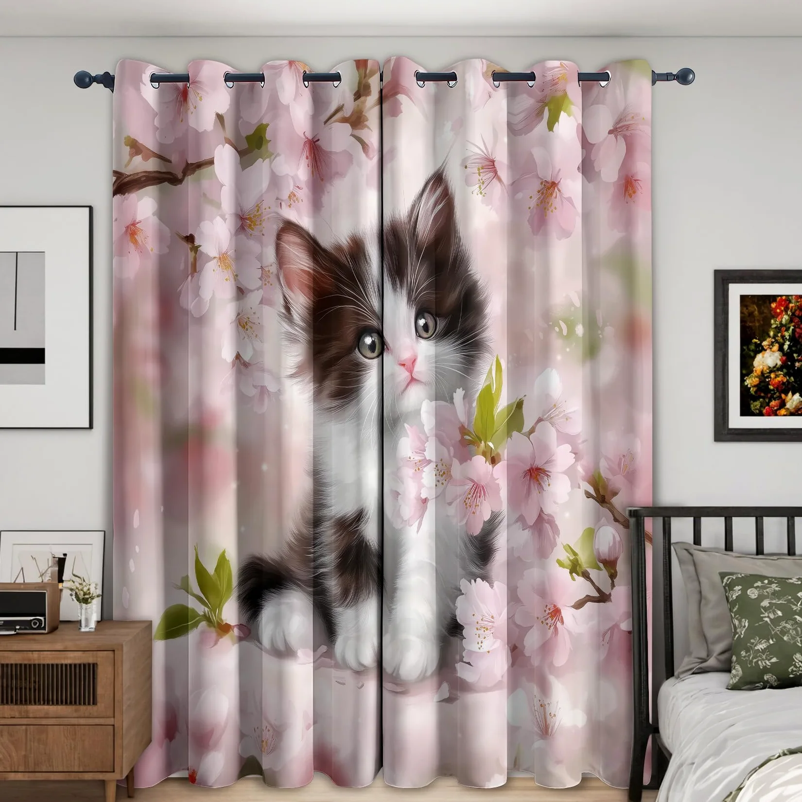 Rideau Occultant Chaton - Rideaux Thermiques à Oeillets - Rideau Imprimé Motif Chat Rose Fleuri pour Salon Chambre Fenetre - Lot de 2 Rideaux et Draperies Intérieurs - 117x183 cm (L x H)