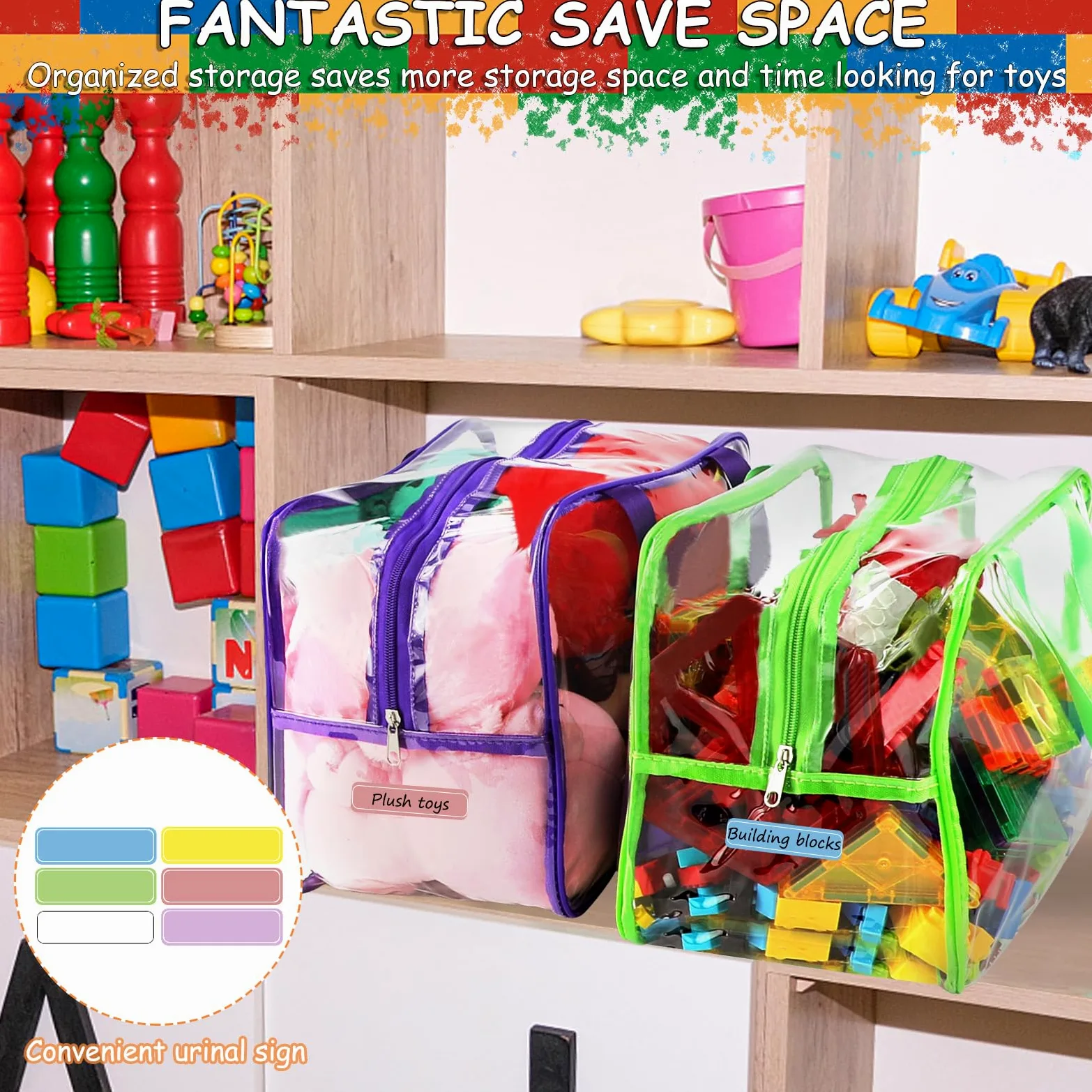 Sacs de rangement larges de 6 couleurs, 32,6 x 23,3 x 17 cm avec étiquettes, réutilisables en PVC transparent, sacs de rangement de jeux de société, sacs de voyage imperméables avec fermeture éclair
