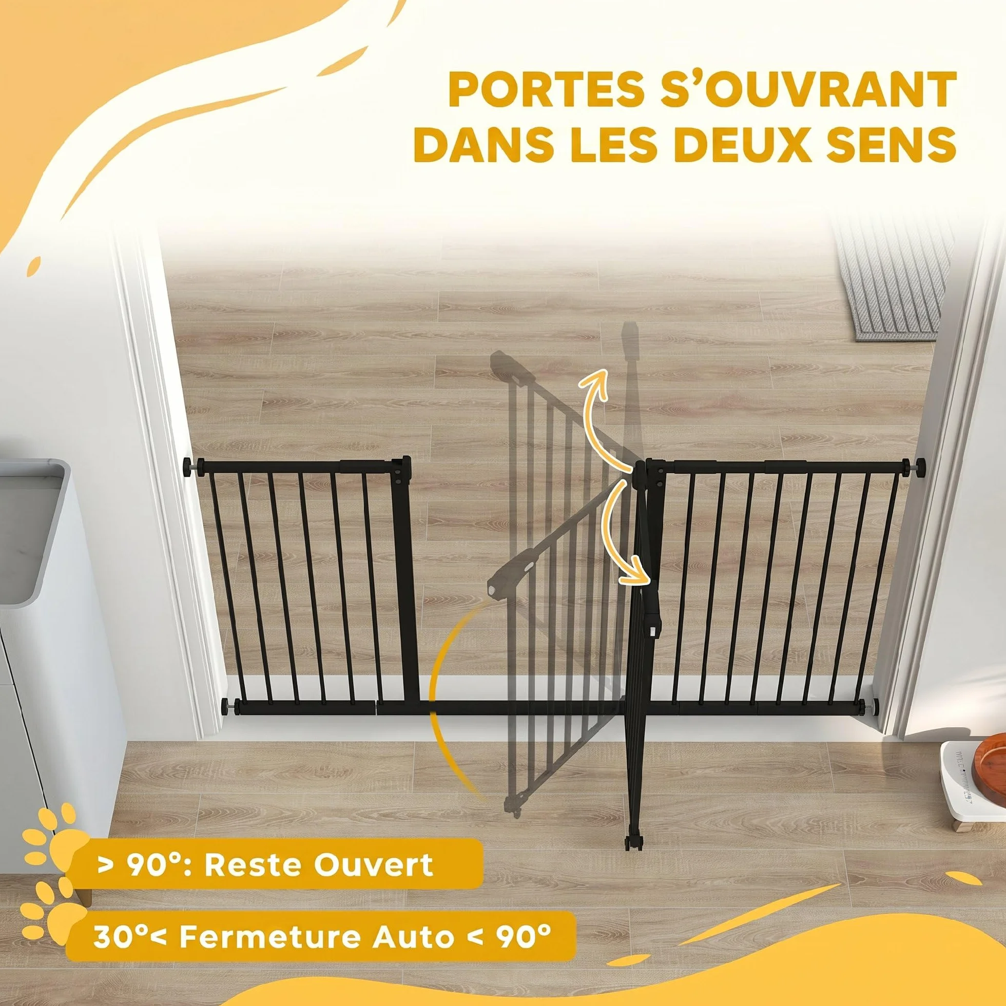 PawHut Barrière de sécurité Animaux 74-148 x 76,2 cm Porte Fermeture Automatique Double Verrouillage sans perçage 3 Extensions Noir