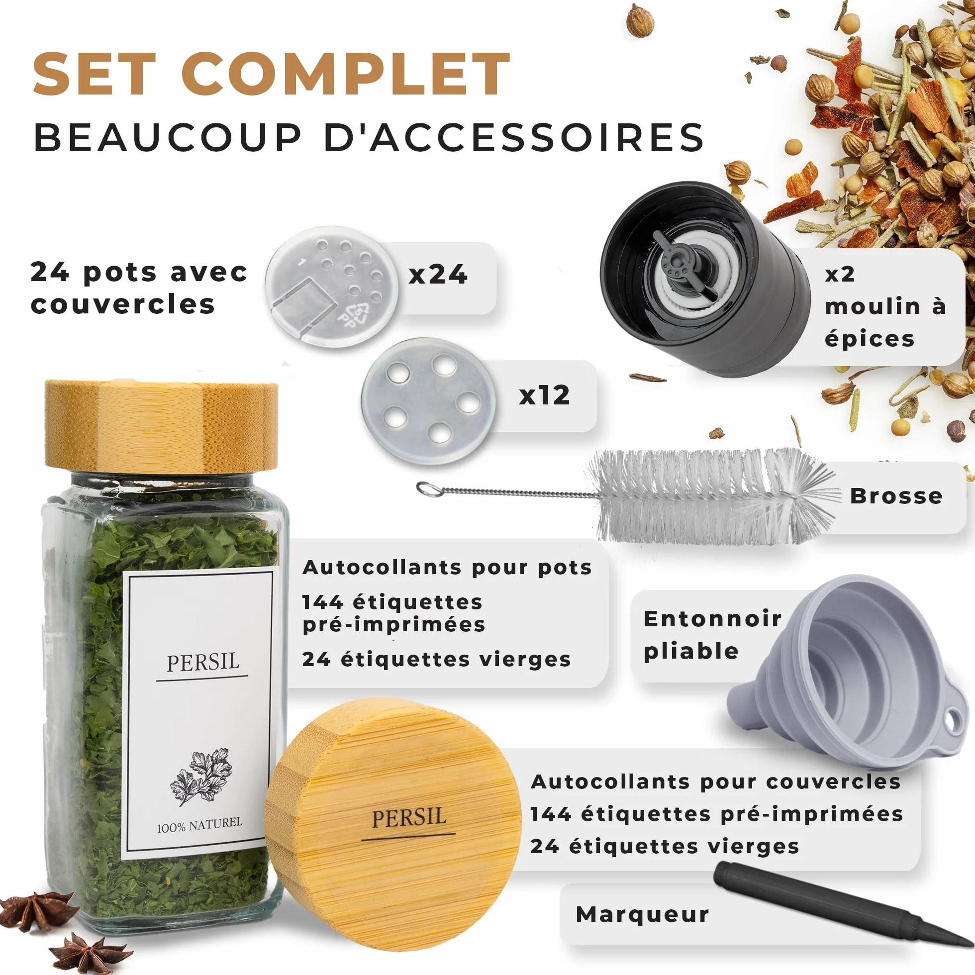Pots à Épices en Verre et Bois 24 Bocaux 120 ml avec 336 Étiquettes Françaises et 2 Moulins