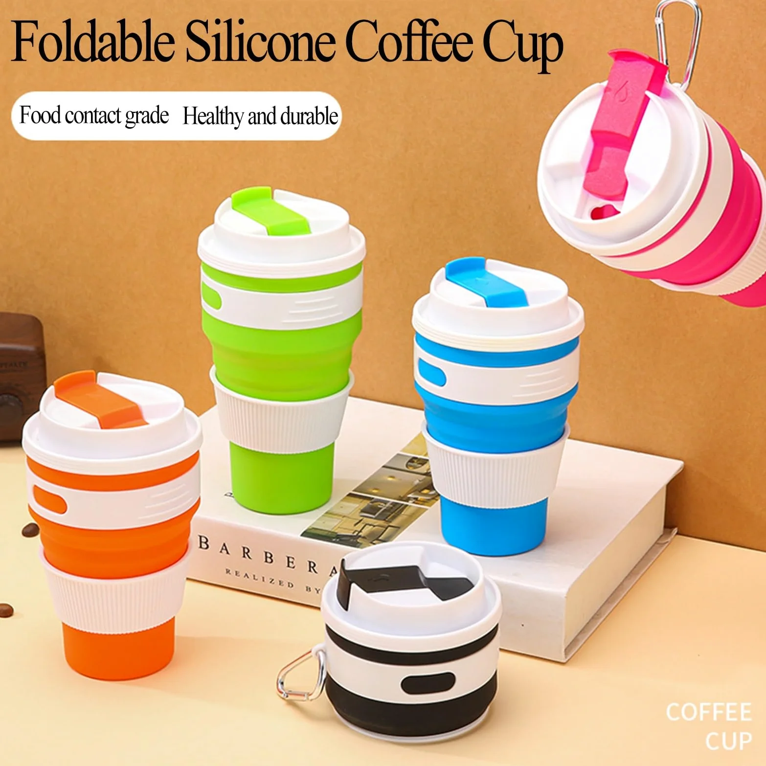 gobelet pliable, Silicone portable, étanche, réutilisable, comprend un mousqueton, idéal for le café, thé, la randonnée, camping et les activités de plein air(Green,L)