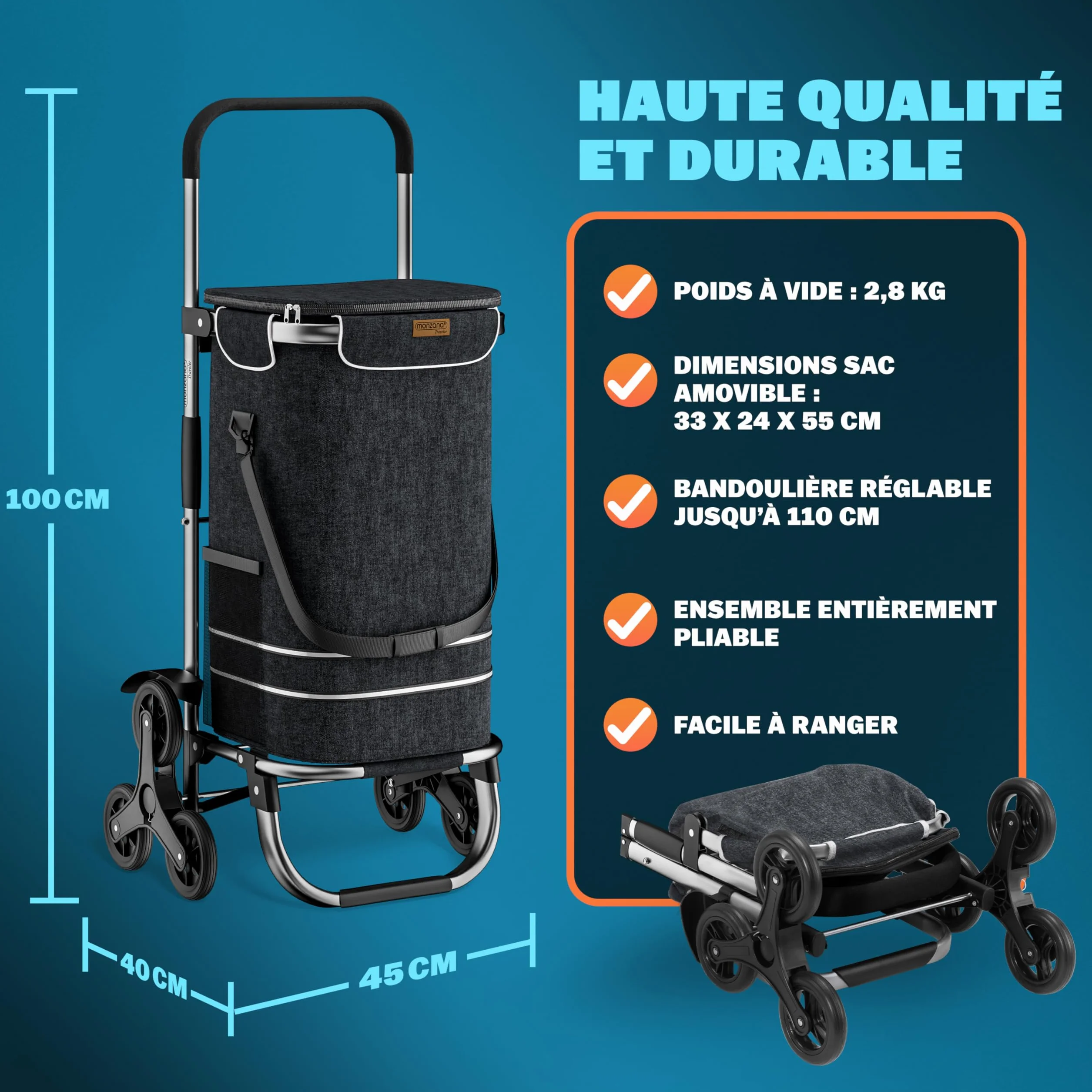 MONZANA Chariot de courses 56 litres 3 en 1 pliable noir isotherme 6 roues