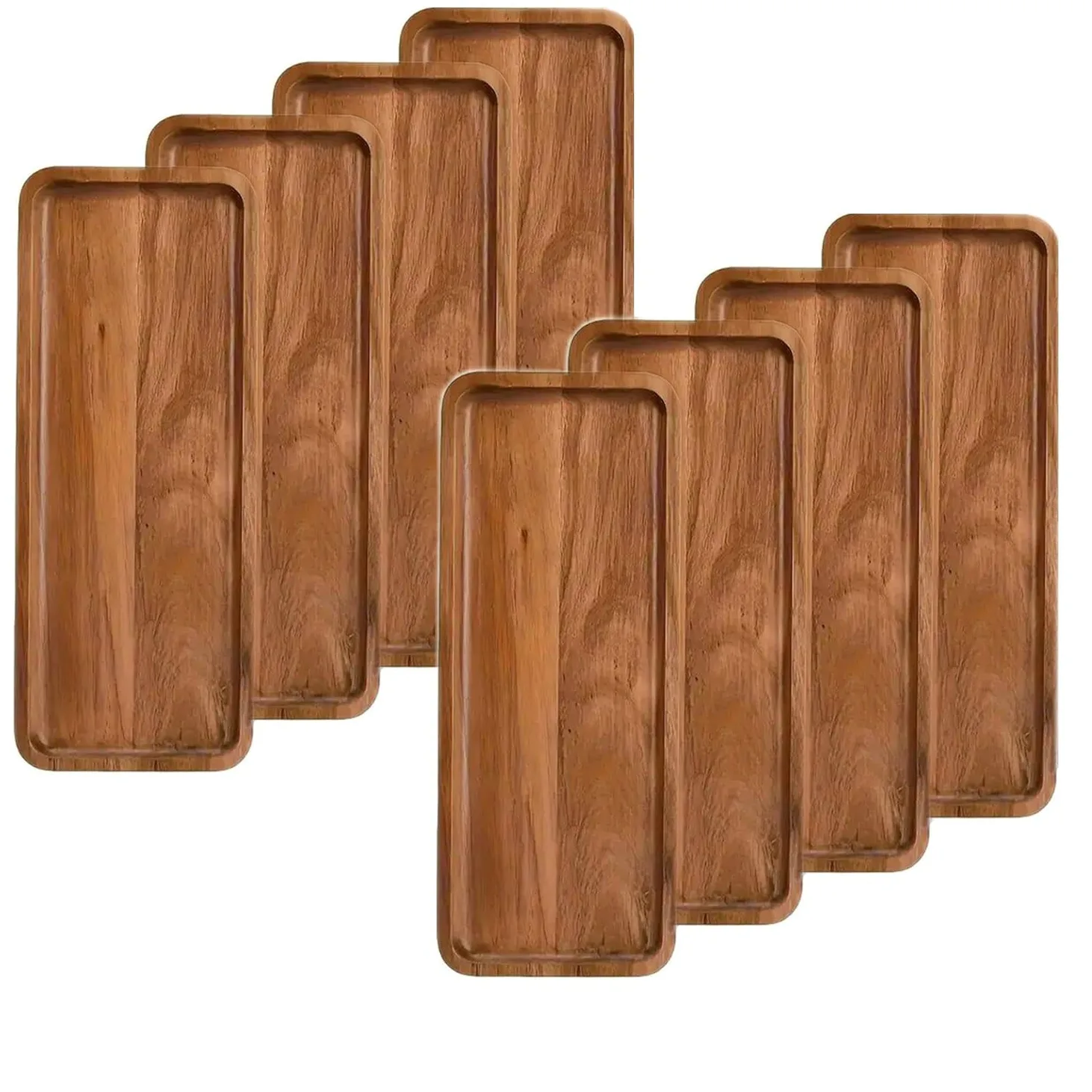 Linwnil Lot de 8 plateaux de service rectangulaires en bois de 29 x 10 cm pour fruits, apéritifs, pain, pour éviter de glisser et de renverser les aliments