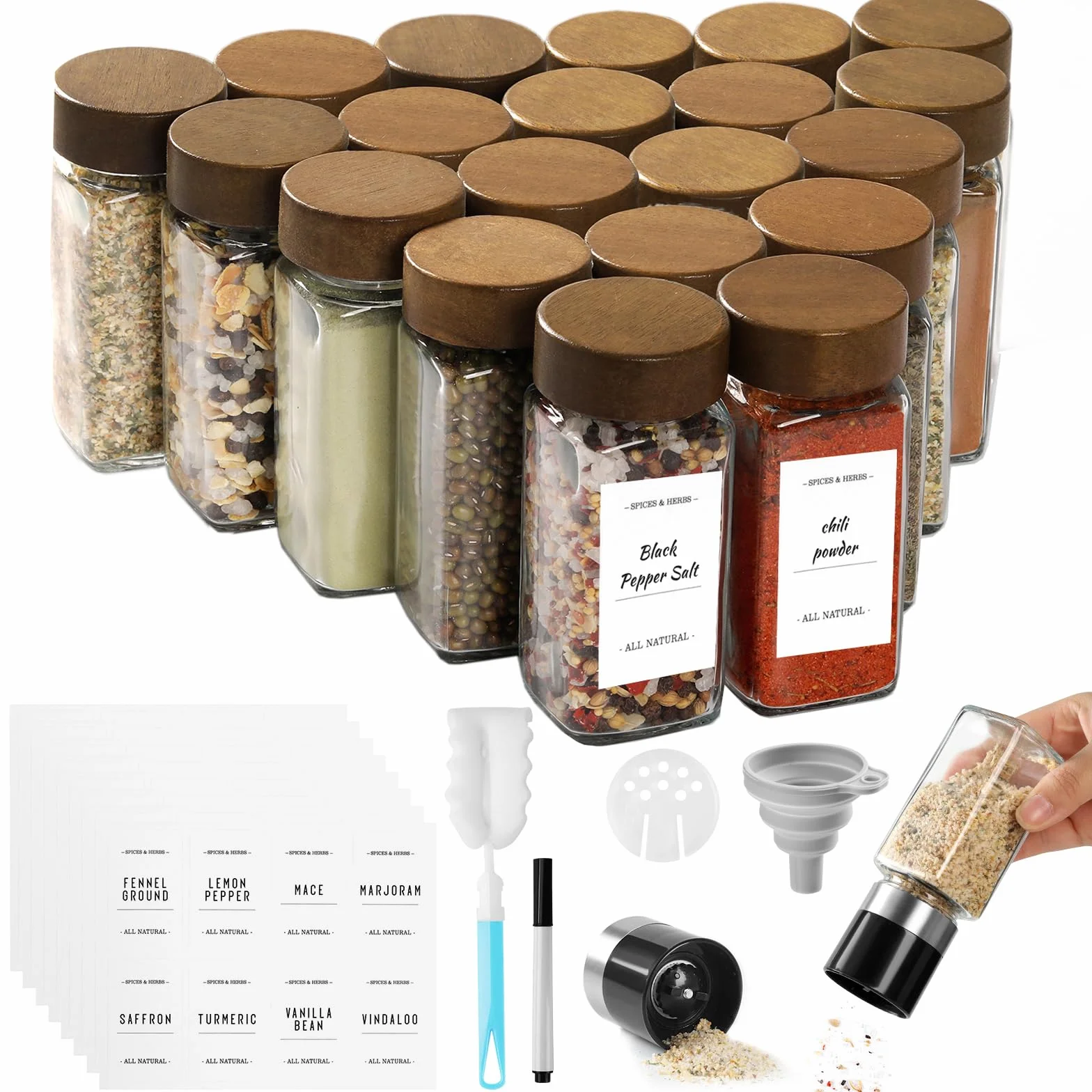 FRIBERG Pot à Épices en Verre et Bois, 20 Bocaux 120ml, 2 Moulins avec Étiquettes