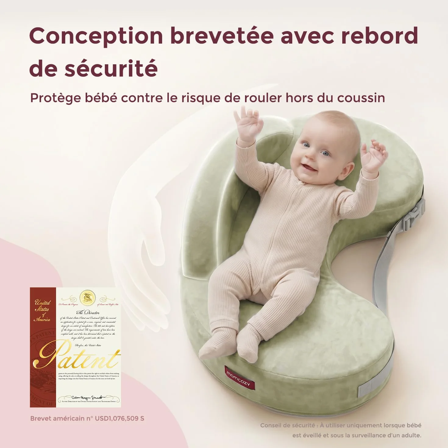 Momcozy Coussin Allaitement Mémoire de Forme Ergonomique, Soutien Large Sangle Réglable, Housse Coton Amovible Vert