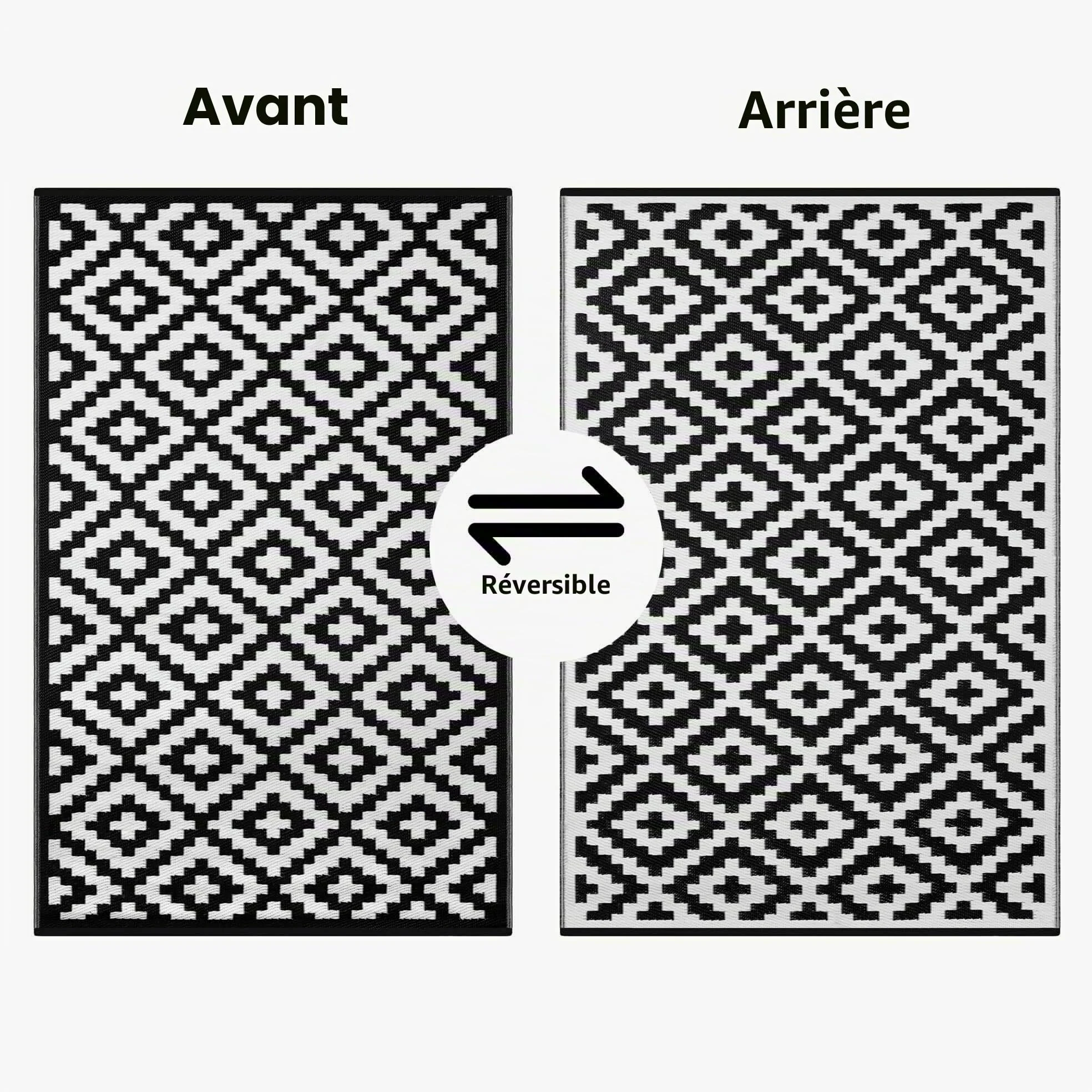 Green Decore Tapis d'Intérieur et d'Extérieur Réversible en Plastique Recyclé, Indoor/Outdoor Tapis Écologique Léger, 120 x 180 cm, Noir/Blanc