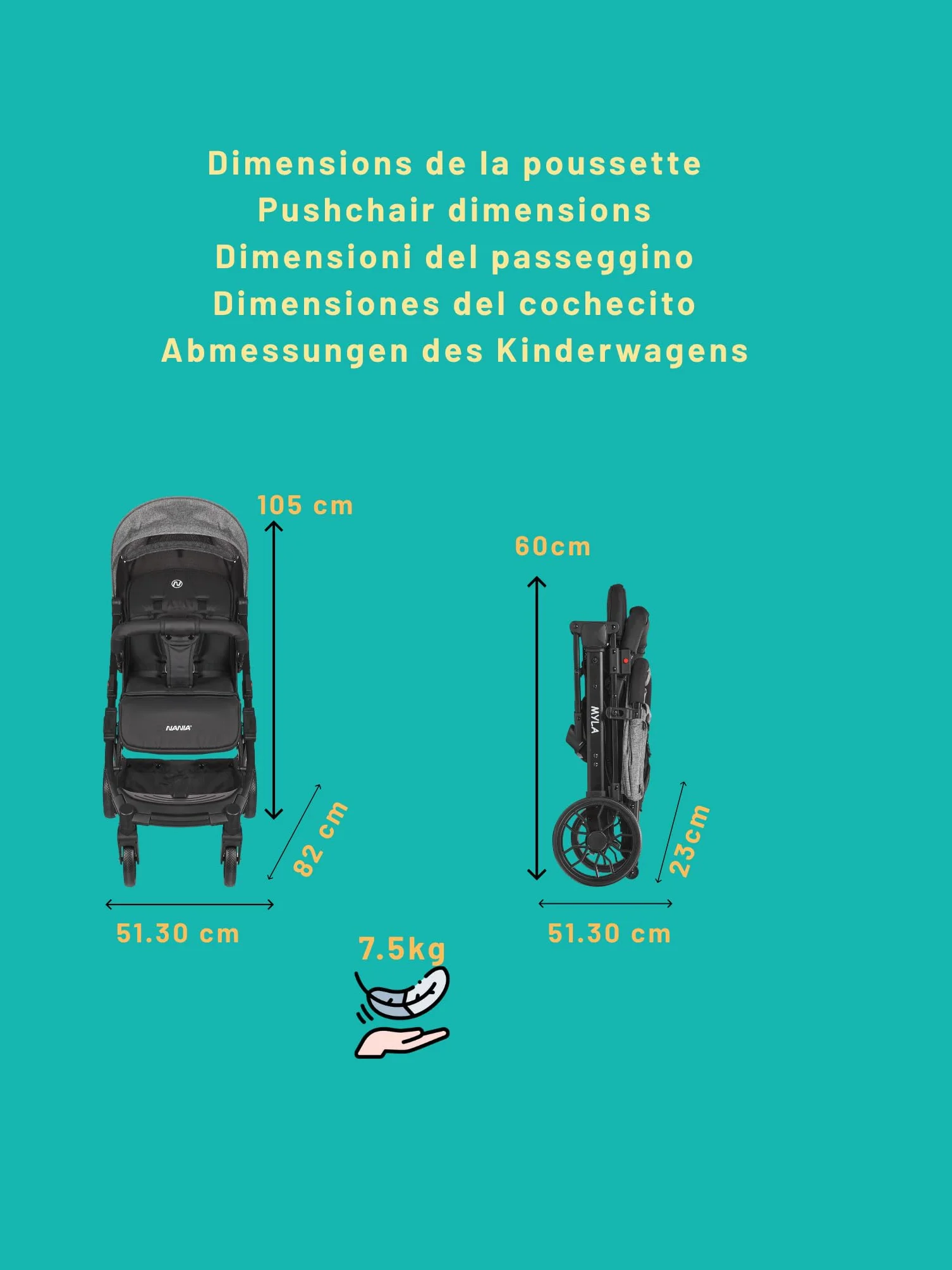 Nania Myla poussette canne compacte 0-4 ans 22kg légère 7,5kg inclinable grand panier trolley transport
