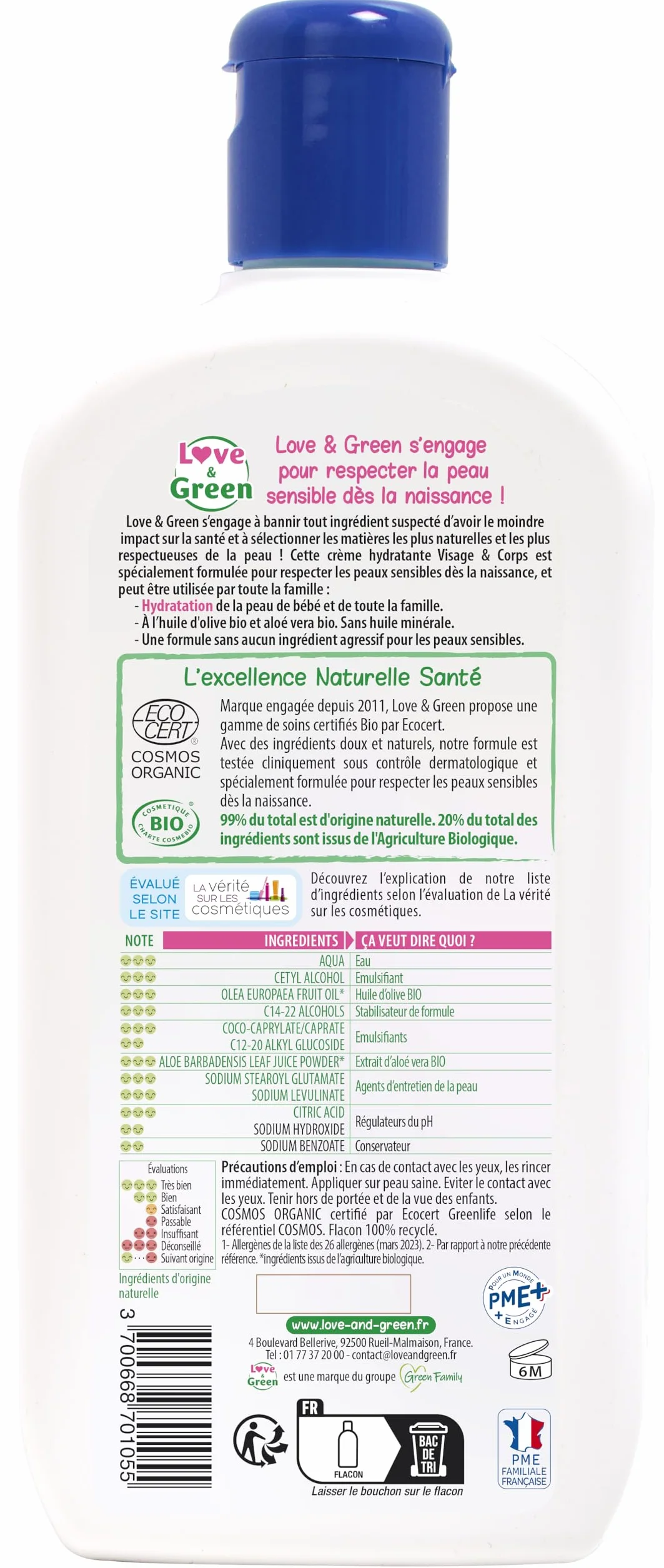 Love & Green Crème Hydratante Visage/Corps Bio 500 ml