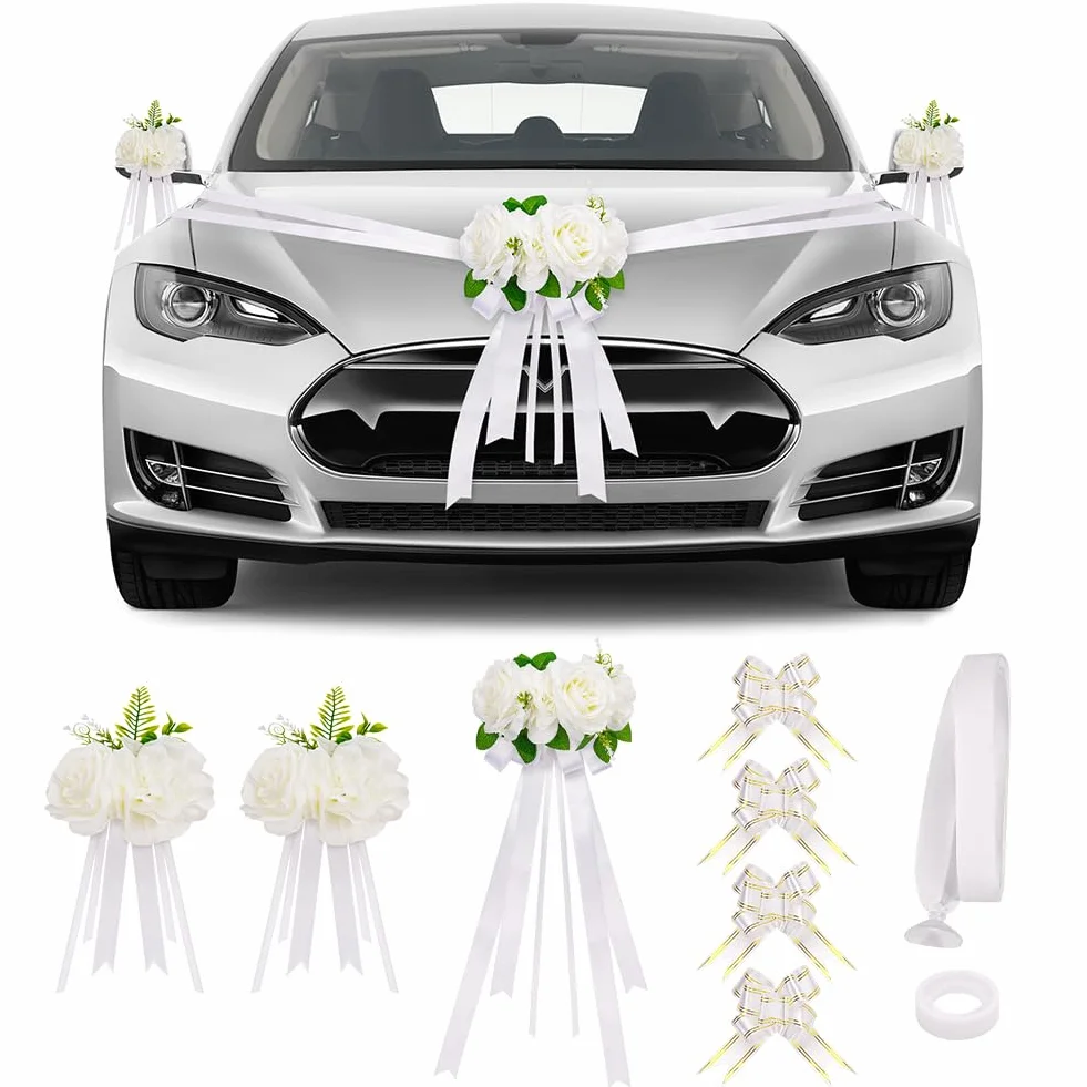 Déco Voiture Mariage Kit Décoration 3 Roses 4 Nœud 1 Tulle Ruban Adhésif