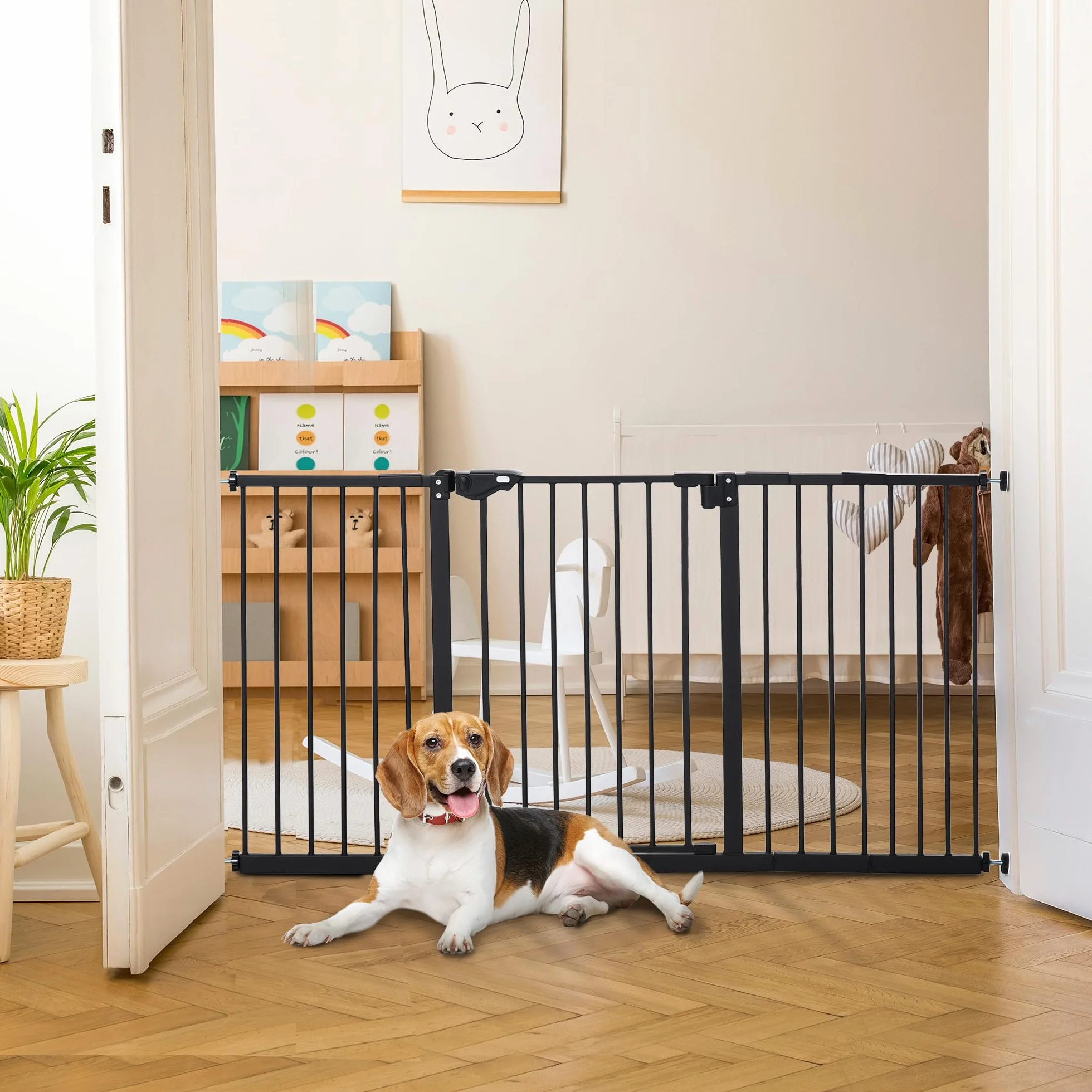 PawHut Barrière de sécurité Animaux 74-148 x 76,2 cm Porte Fermeture Automatique Double Verrouillage sans perçage 3 Extensions Noir