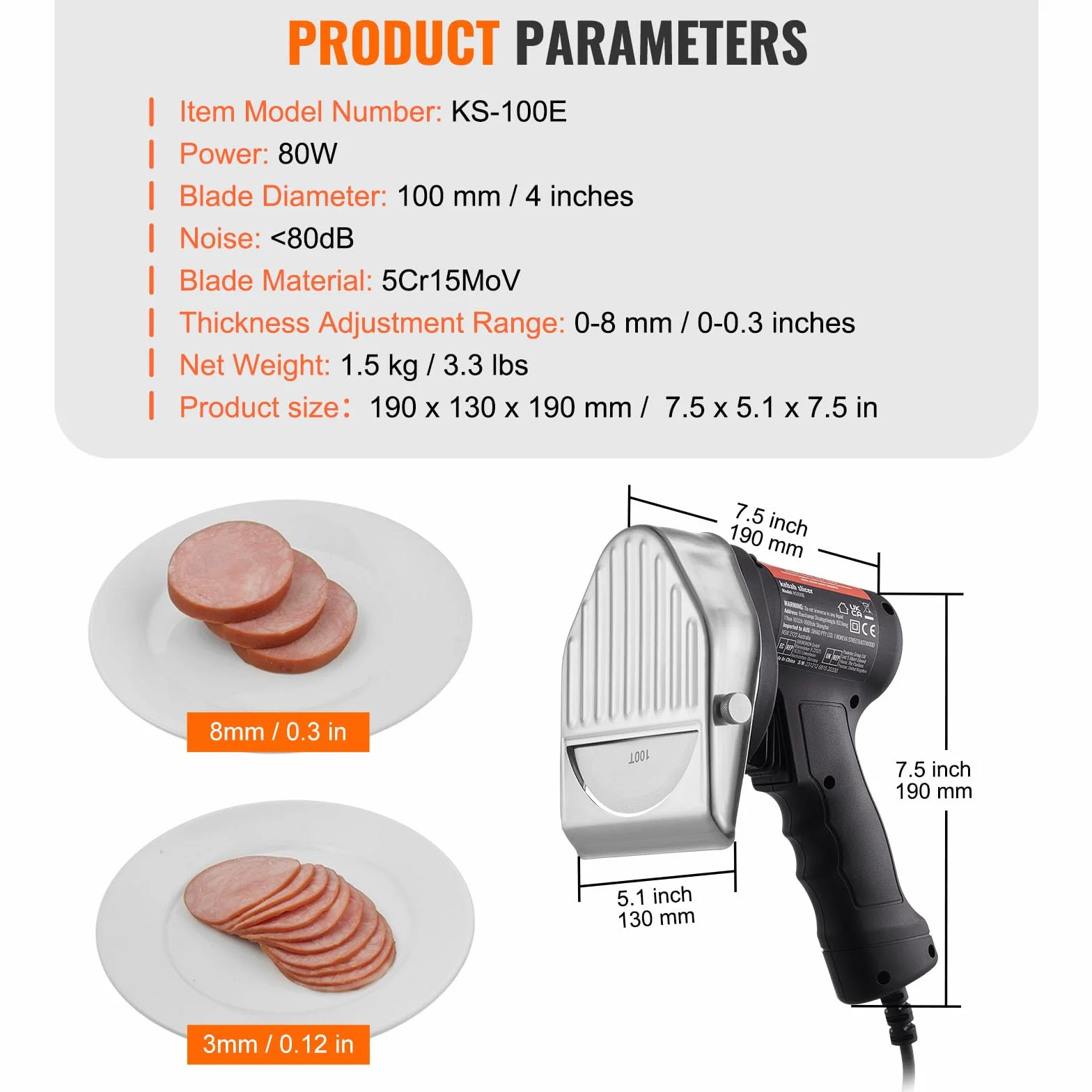 VEVOR Couteau à Kebab Électrique 80 W, Trancheuse à Viande Turc Shawarma Döner Kebab Commerciale Inox 100 mm