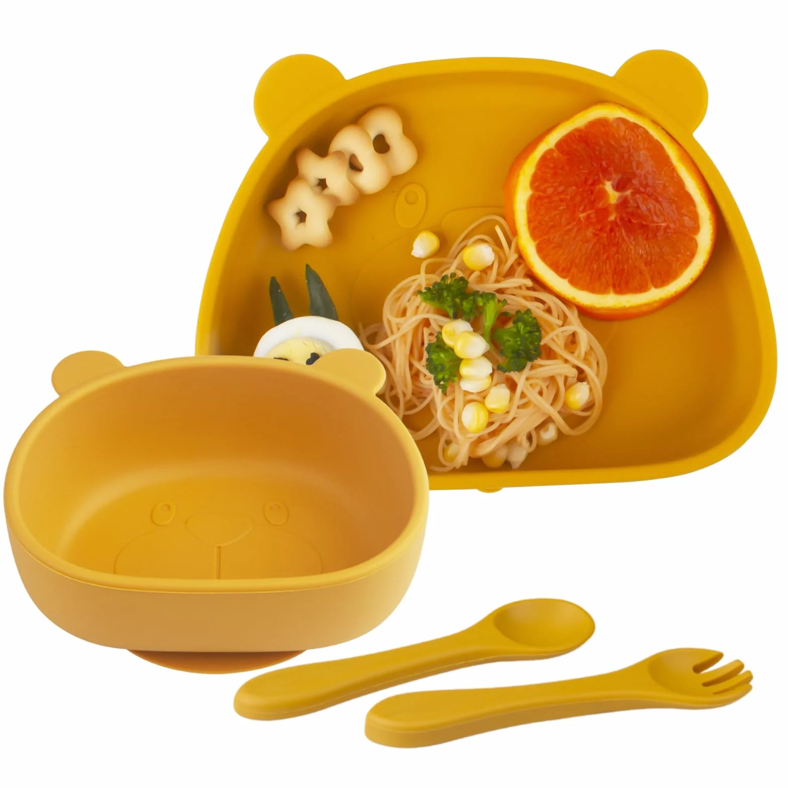Set Vaisselle Bébé Silicone 4 Pièces Assiette Bol Cuillère Fourche Antidérapant Compatible Lave-vaisselle Micro-ondes sans BPA Jaune